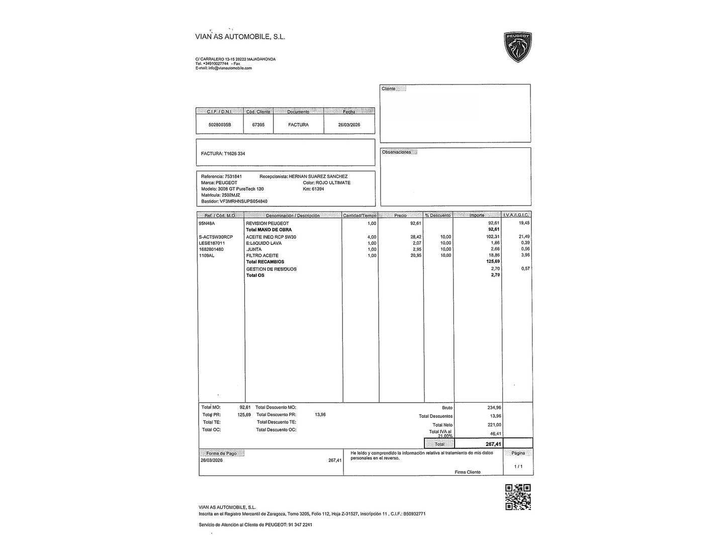 Foto del mantenimiento del Peugeot 3008 Peugeot 3008 PureTech 130 S&S GT EAT8 (130 CV)