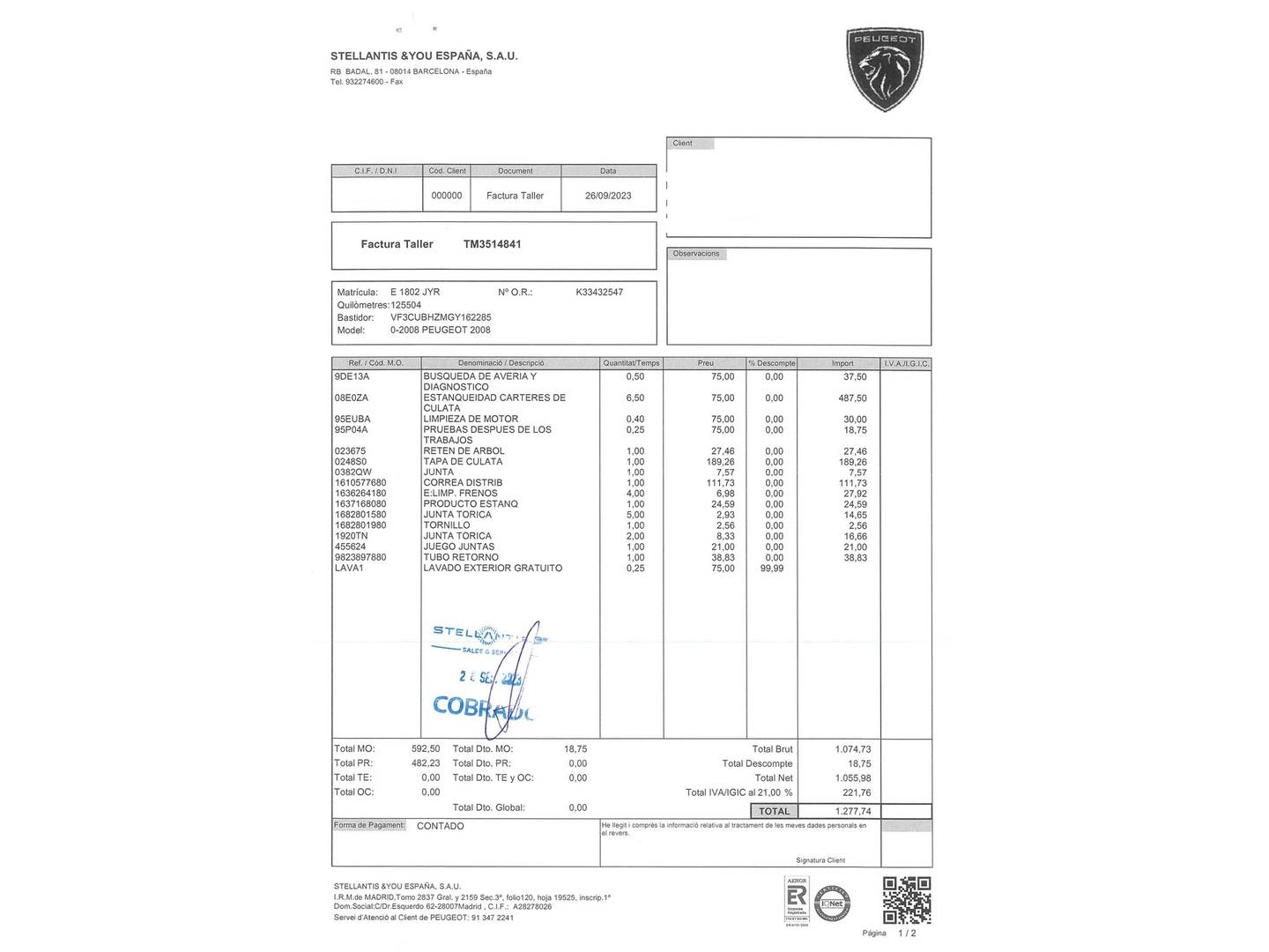 Foto del mantenimiento del Peugeot 2008 Peugeot 2008 BlueHDi 120 S&S Allure (120 CV)
