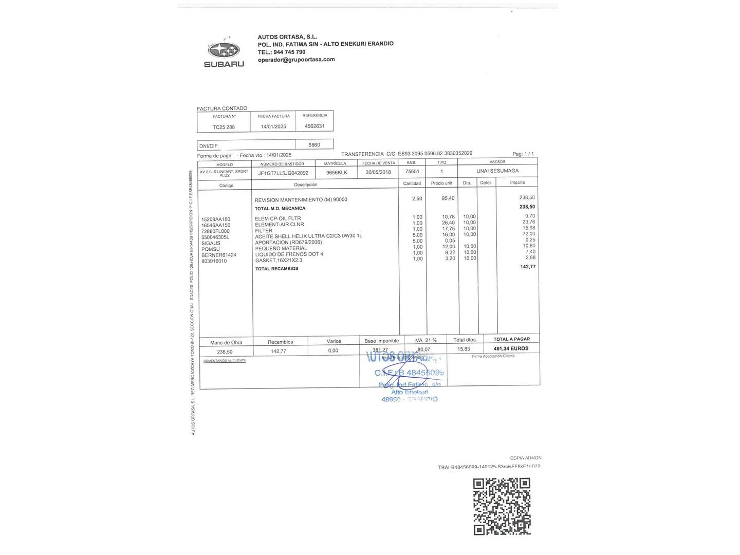 Foto del mantenimiento del Subaru XV Subaru XV 2.0i Sport Plus CVT Lineartronic (156 CV)