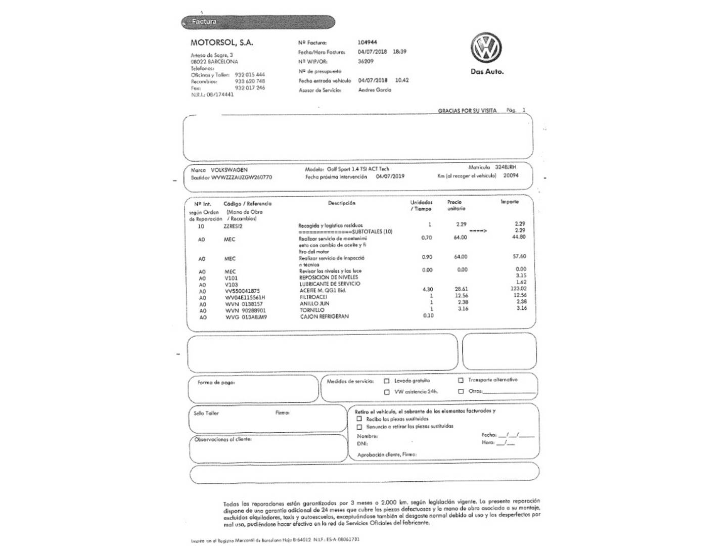 Foto del mantenimiento del Volkswagen Golf Volkswagen Golf Sport 1.4 TSI BMT ACT Tech (150 CV) DSG Pack R-Line