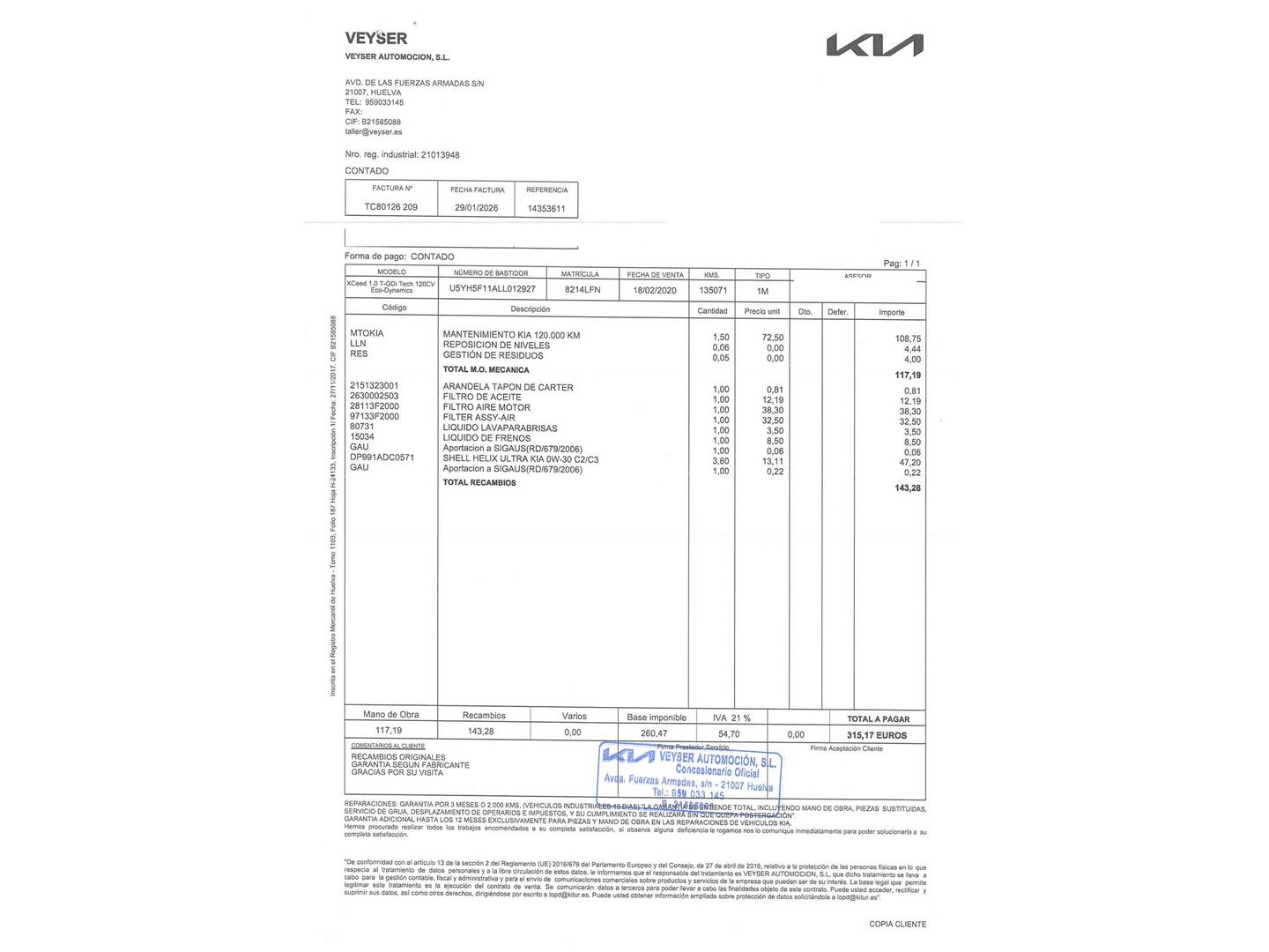 Foto del mantenimiento del KIA XCeed KIA XCeed 1.0 T-GDi Tech (120 CV)
