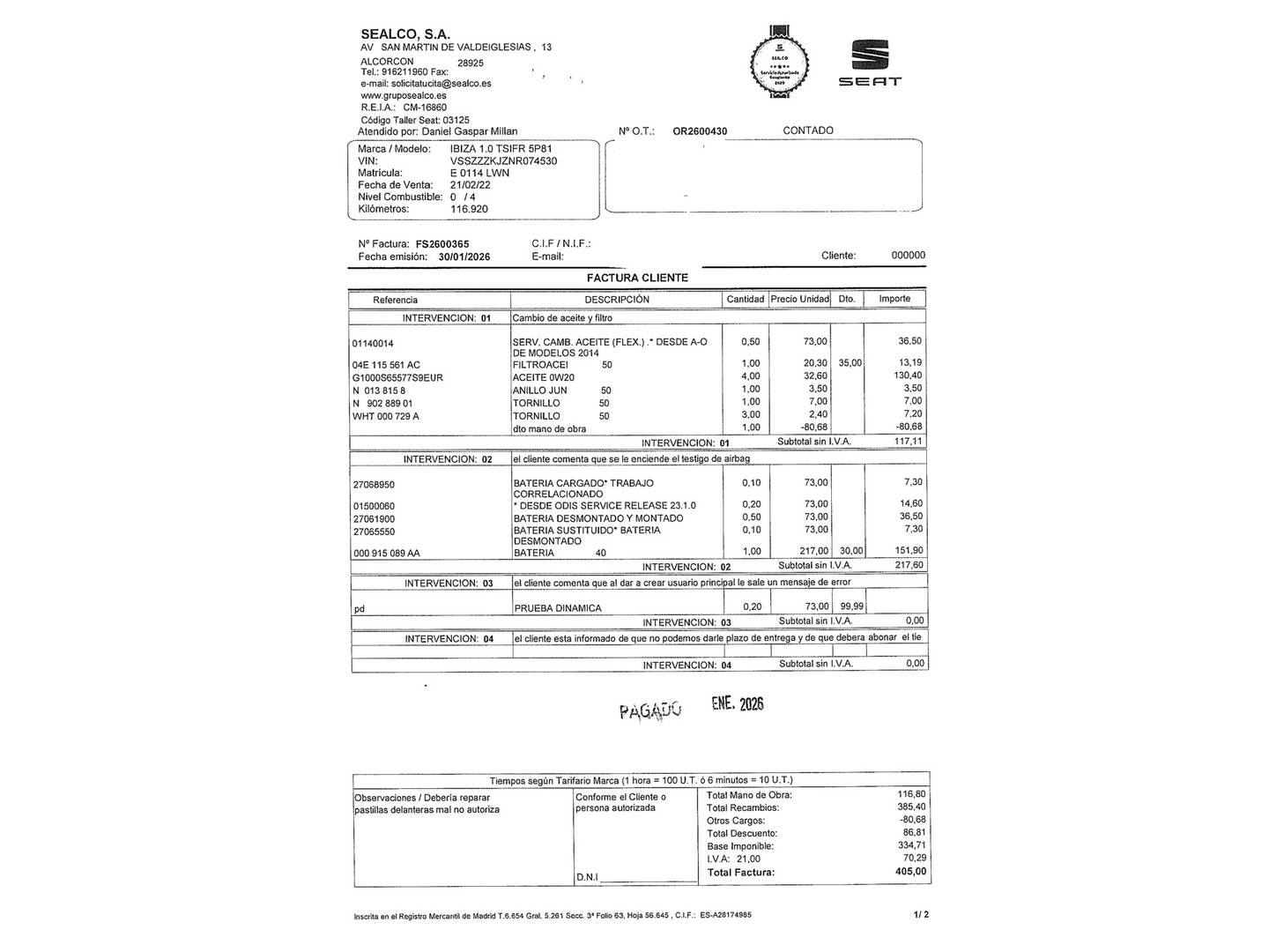 Foto del mantenimiento del Seat Ibiza Seat Ibiza 1.0 TSI FR Plus (110 CV)