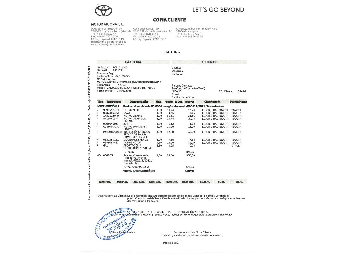 Foto del mantenimiento del Toyota C-HR Toyota C-HR 180H Advance (184 CV)