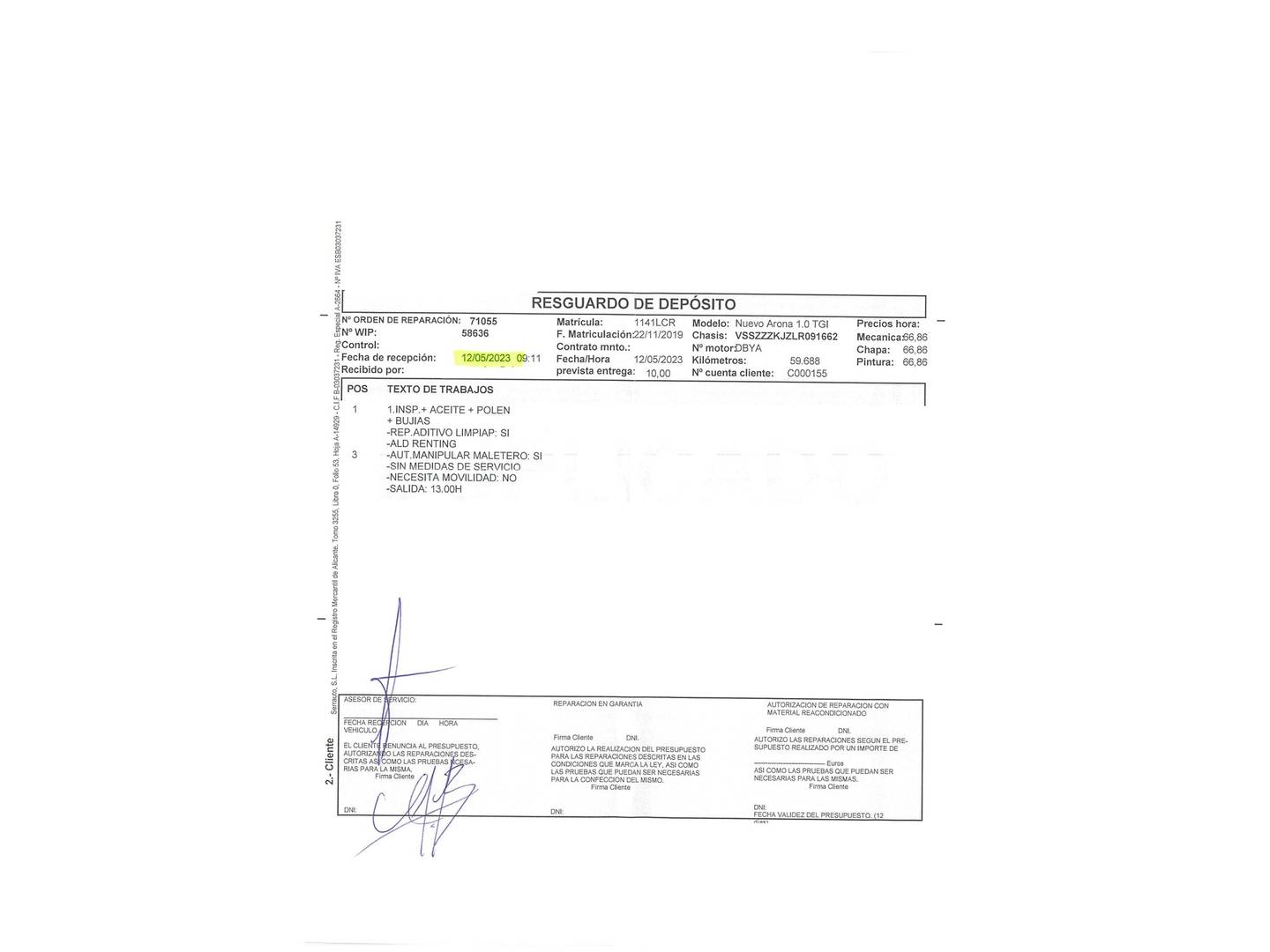 Foto del mantenimiento del Seat Arona Seat Arona 1.0 TGI GNC Reference Edition (90 CV)