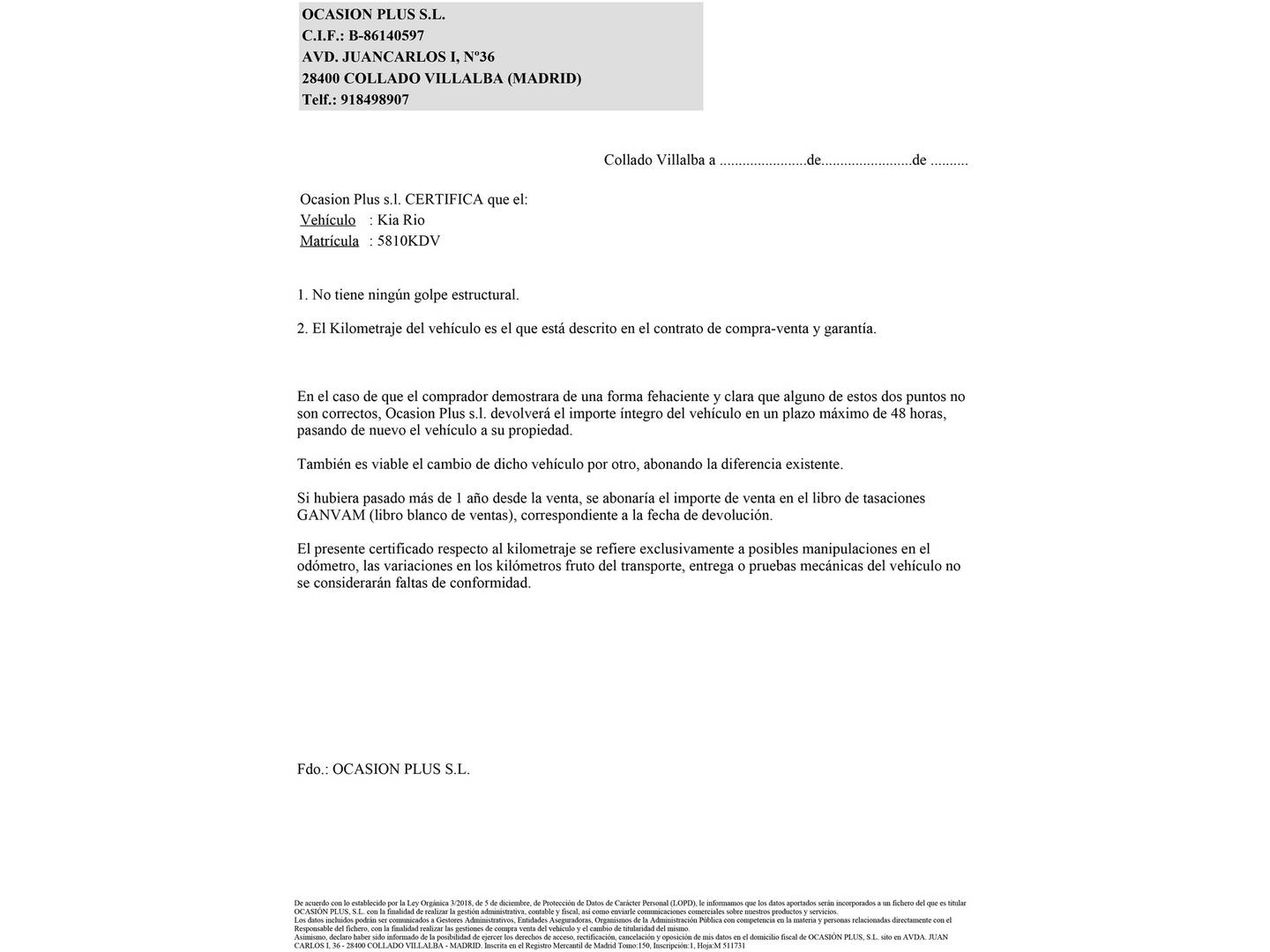 Foto del certificado del KIA Rio KIA Rio 1.0 T-GDi Drive (100 CV)