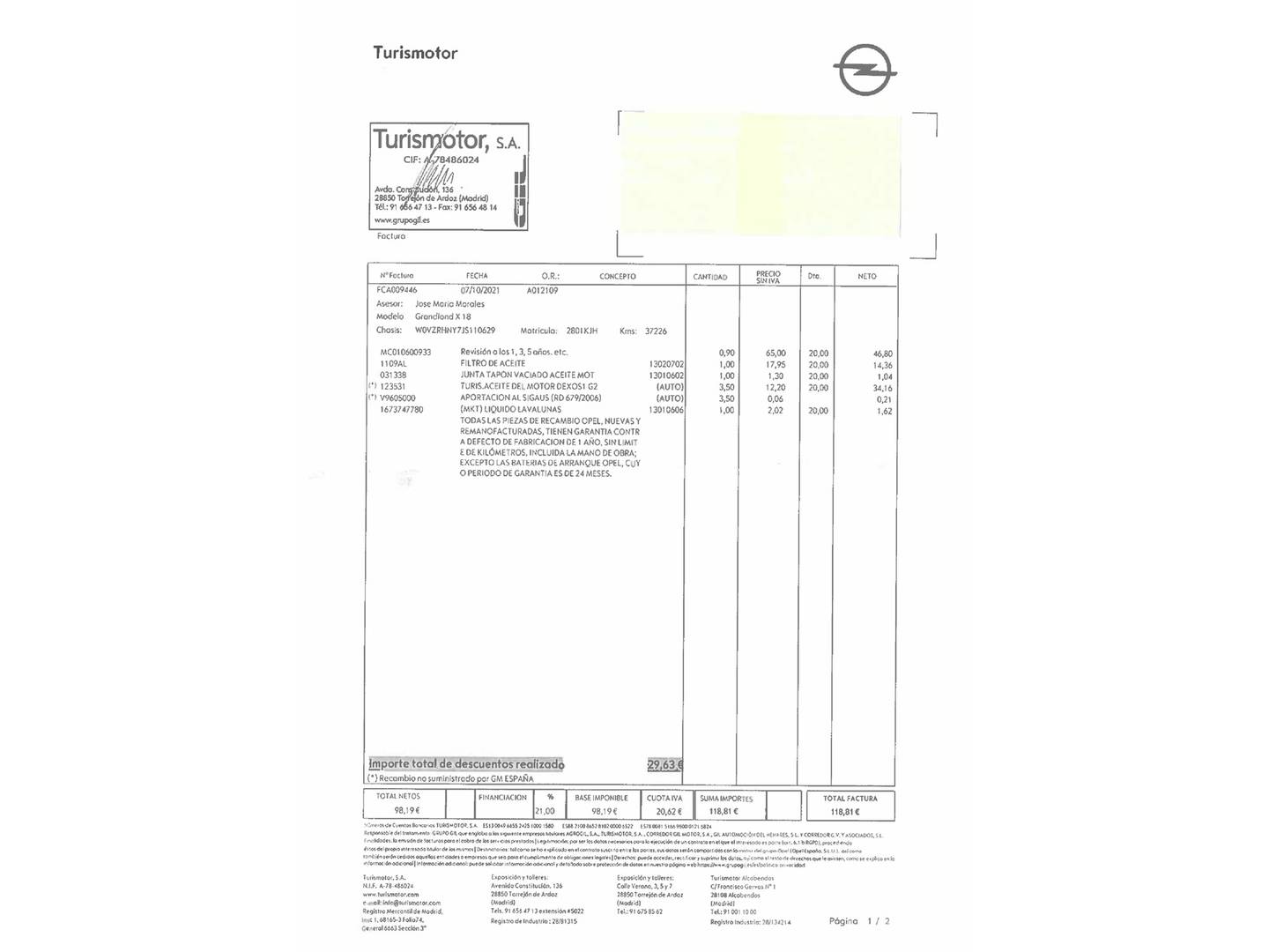 Foto del mantenimiento del Opel Grandland X Opel Grandland X 1.2 Turbo Ultimate  (130 CV)