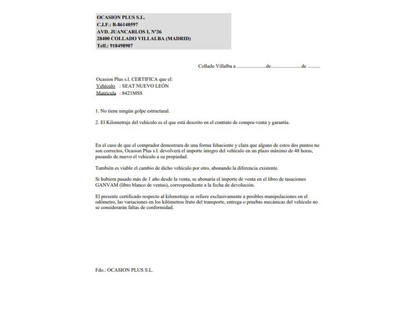 Foto del certificado del Seat León Seat León 1.0 eTSI S&S FR 25 Aniversario DSG (110 CV)