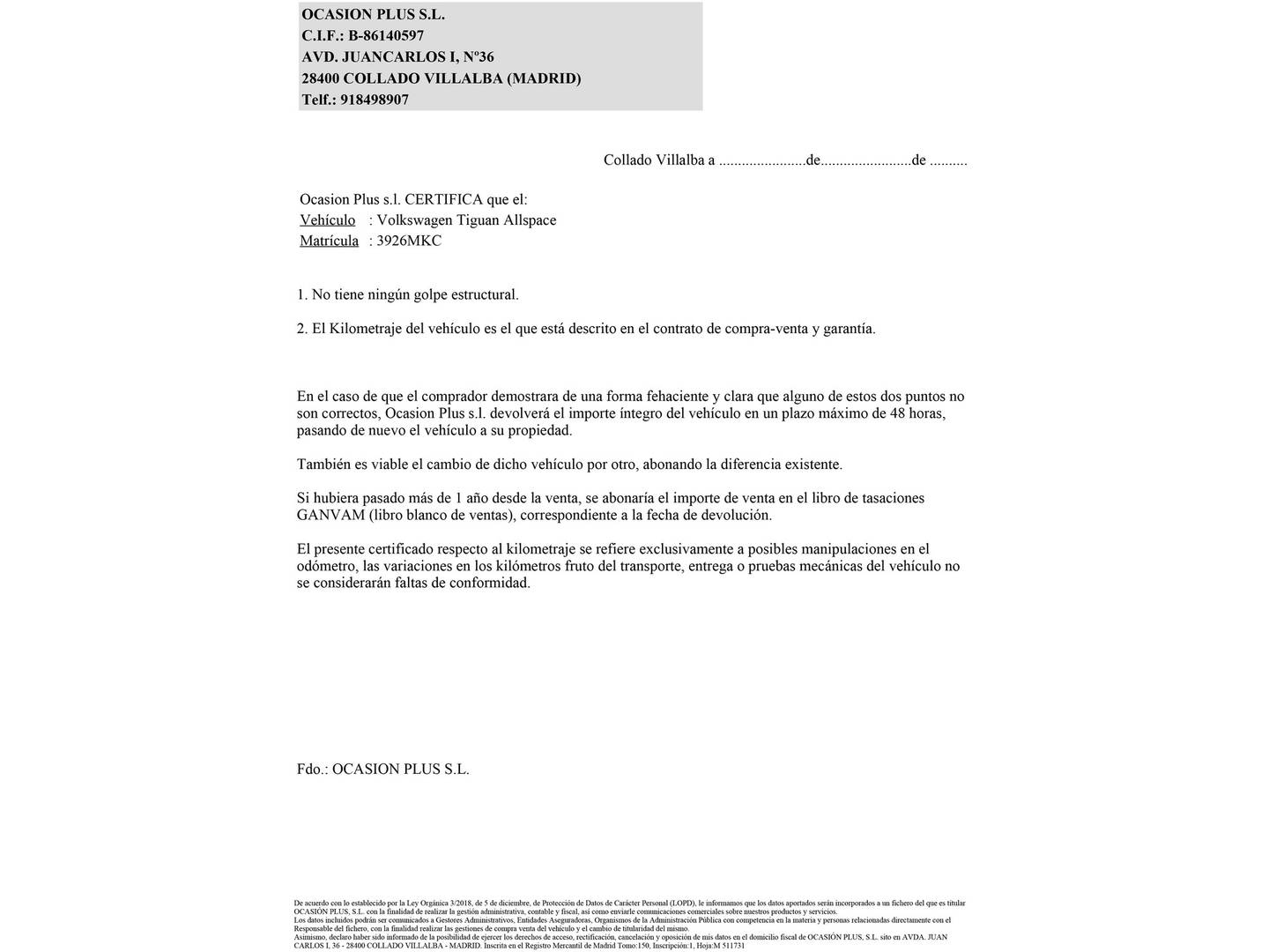 Foto del certificado del Volkswagen Tiguan Allspace Volkswagen Tiguan Allspace R-Line 2.0 TDI (150 CV) DSG 7 Plazas