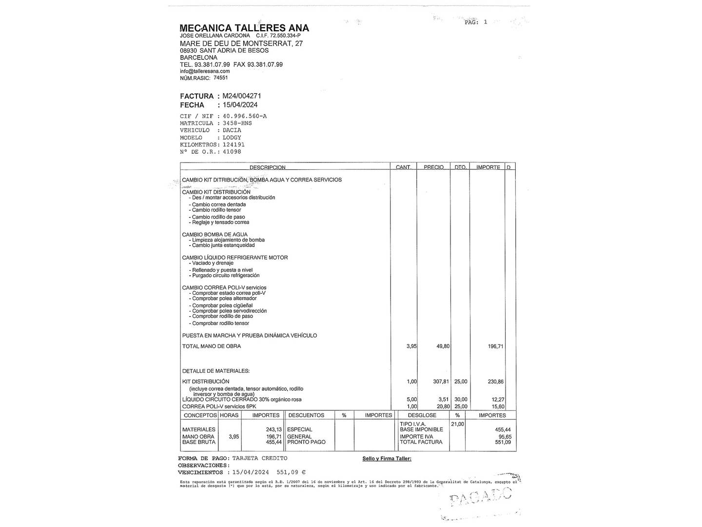Foto del mantenimiento del Dacia Lodgy Dacia Lodgy dCi 110 Laureate (107 CV) 7 Plazas