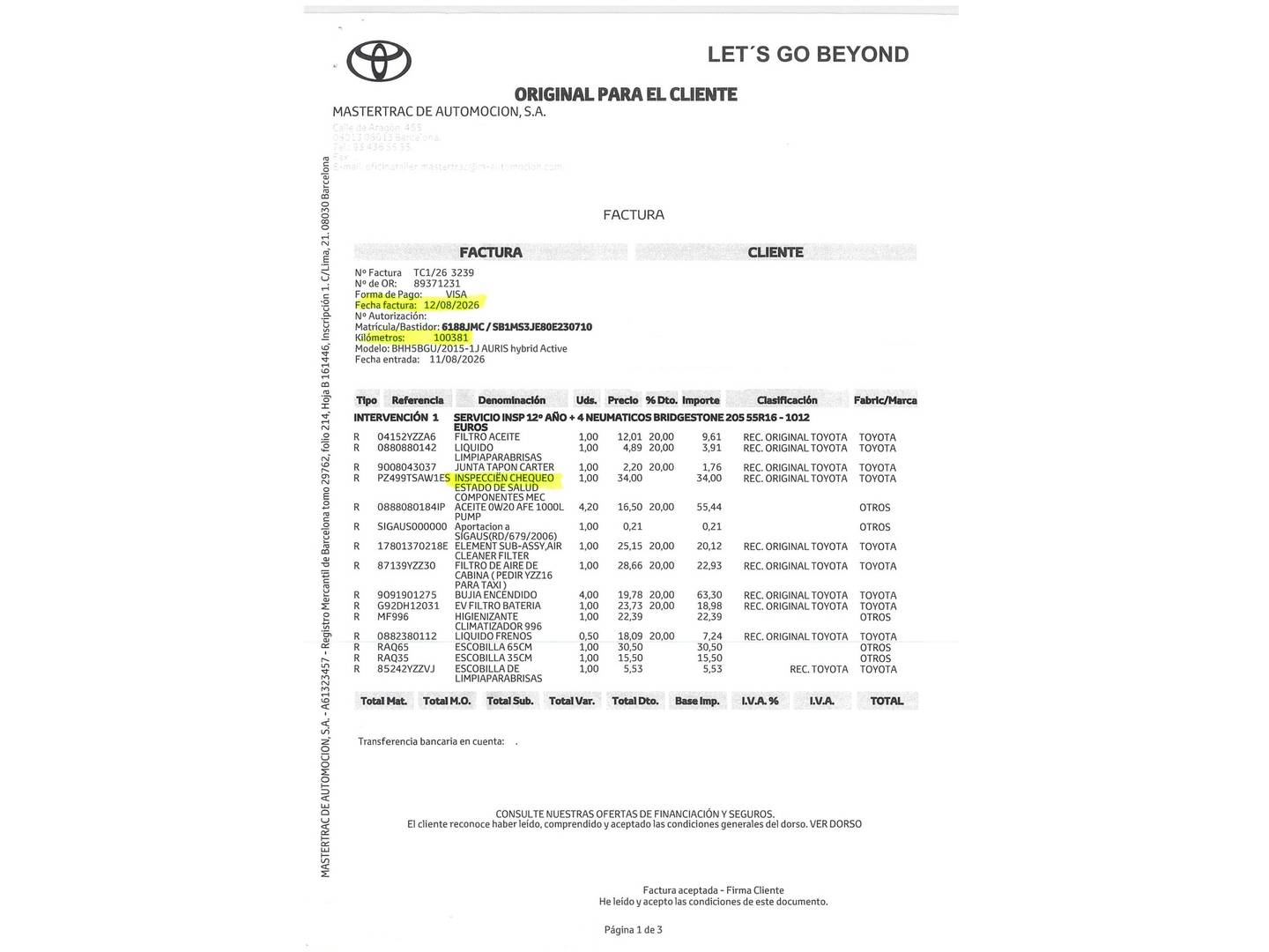 Foto del mantenimiento del Toyota Auris Toyota Auris 140H Hybrid Active (136 CV)