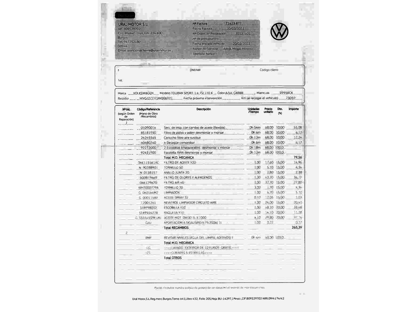 Foto del mantenimiento del Volkswagen Touran Volkswagen Touran Sport 1.4 TSI (150 CV) 7 Plazas