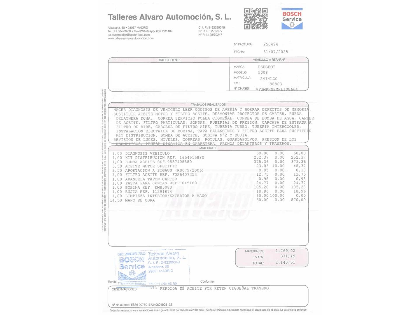 Foto del mantenimiento del Peugeot 5008 Peugeot 5008 PureTech 130 S&S Allure (130 CV) 7 Plazas