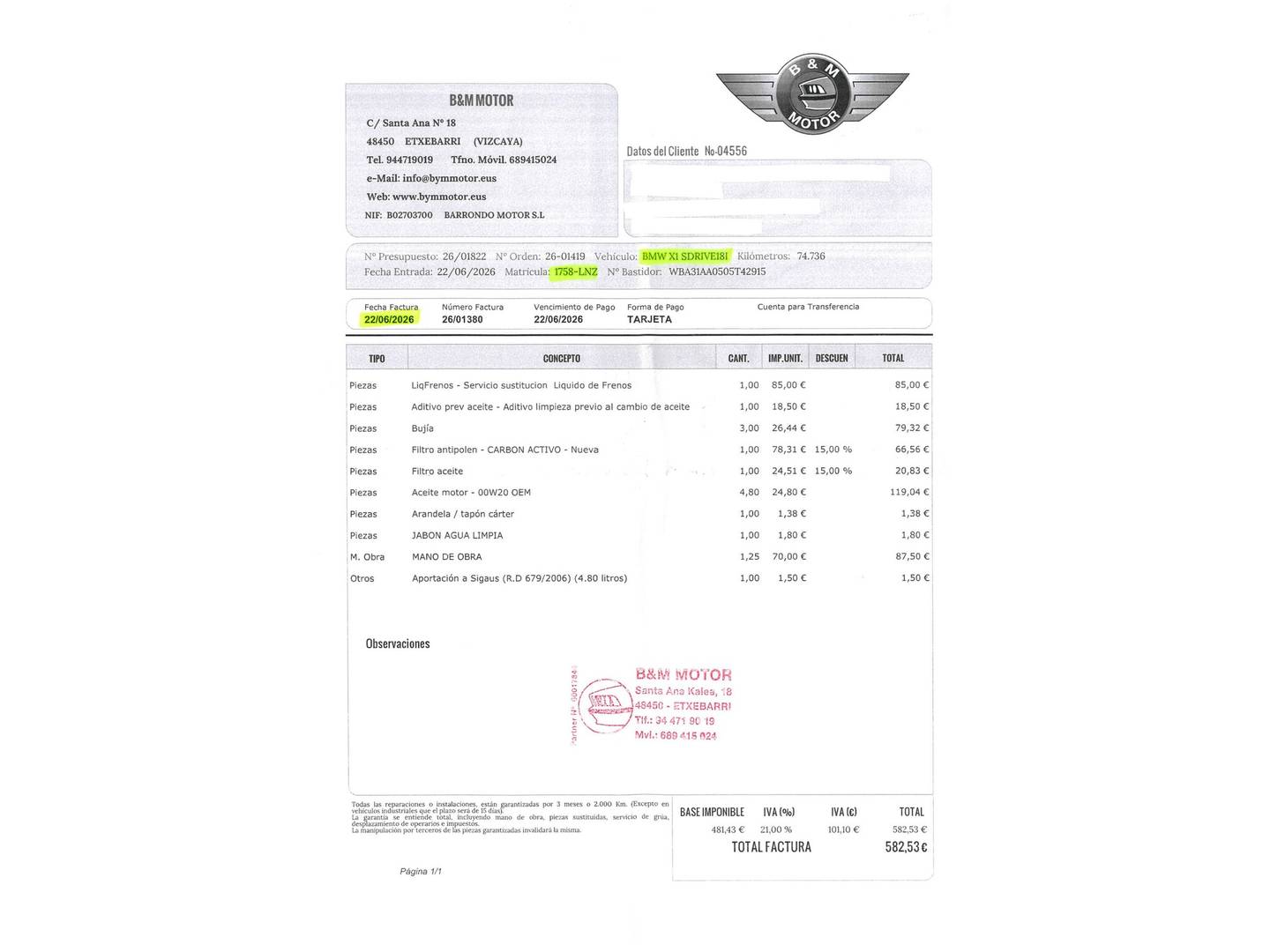 Foto del mantenimiento del BMW X1 BMW X1 sDrive18i (136 CV)