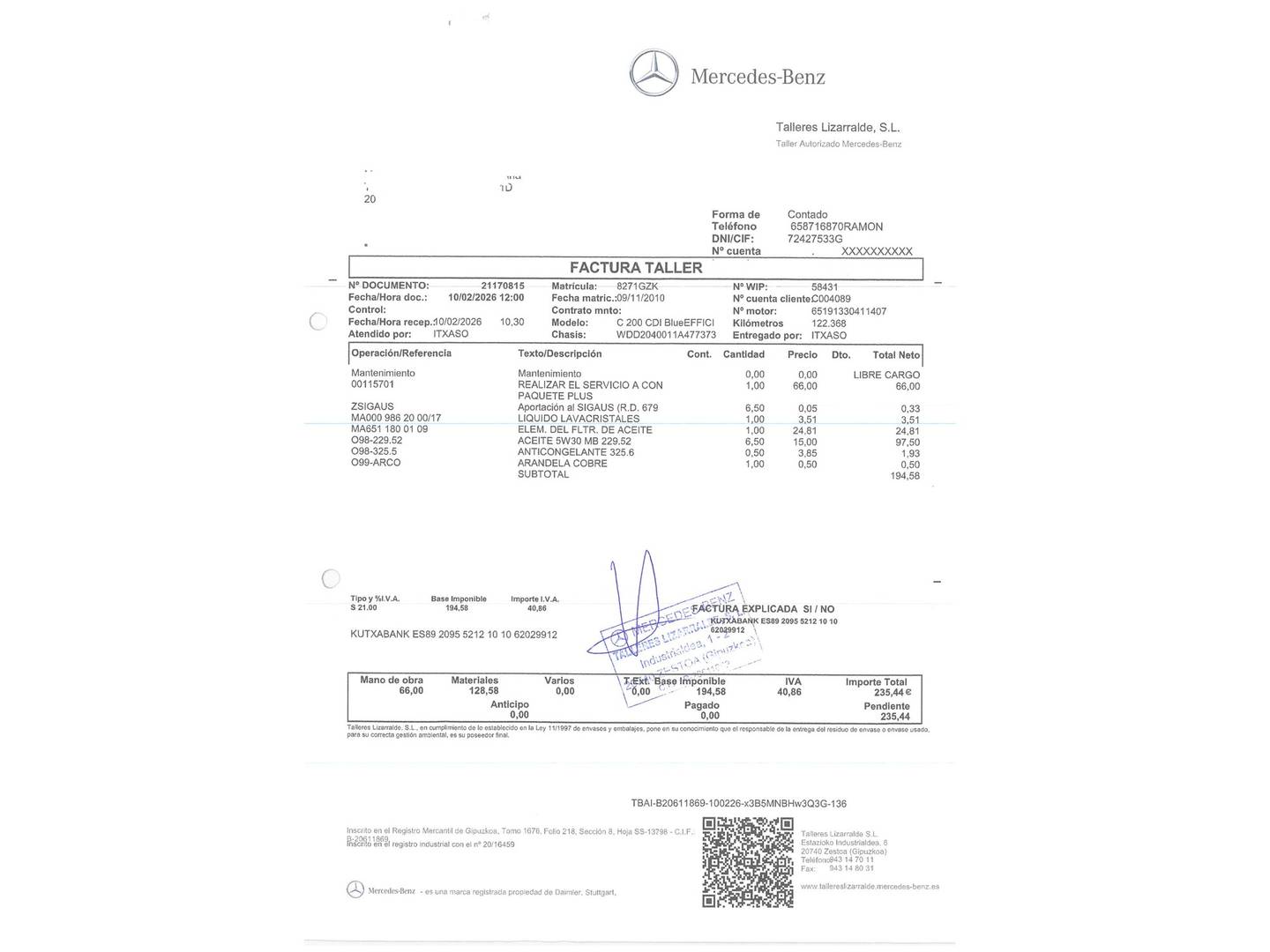 Foto del mantenimiento del Mercedes Clase C Mercedes-Benz Clase C C Estate 220 CDI Blue Efficiency (136 CV)