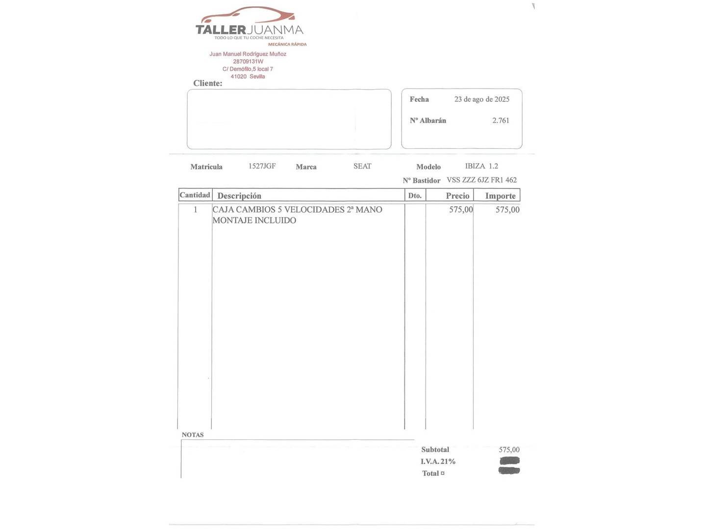 Foto del mantenimiento del Seat Ibiza Seat Ibiza SC 1.2 12v Reference (70 CV)