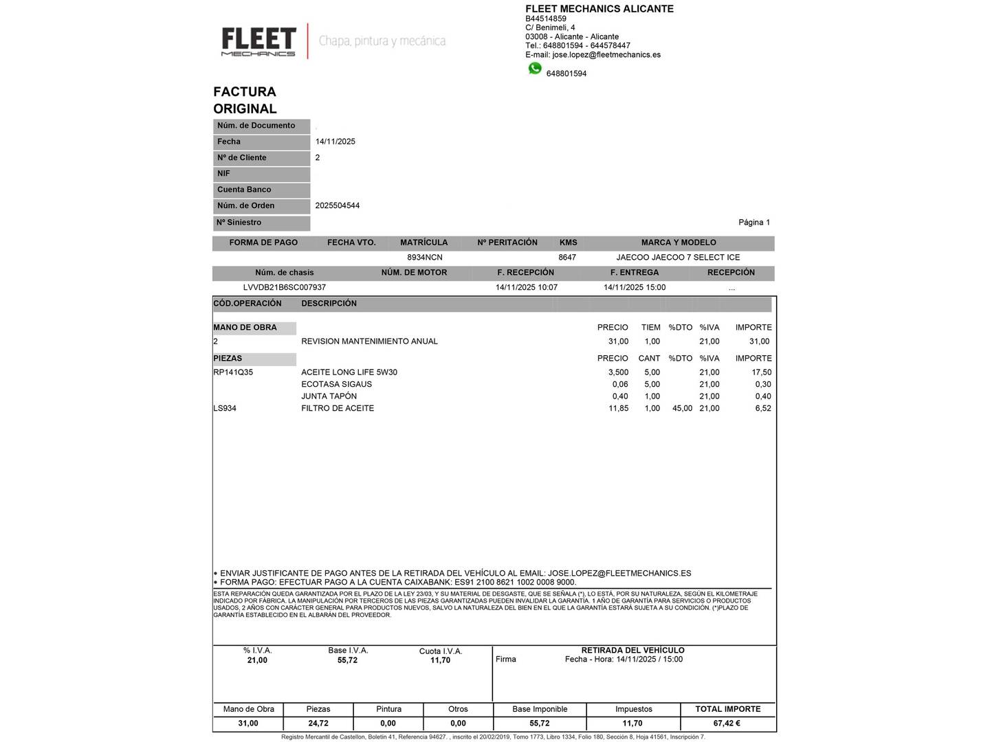 Foto del mantenimiento del JAECOO 7 JAECOO 7 1.6 TGDI Select FWD (145 CV)
