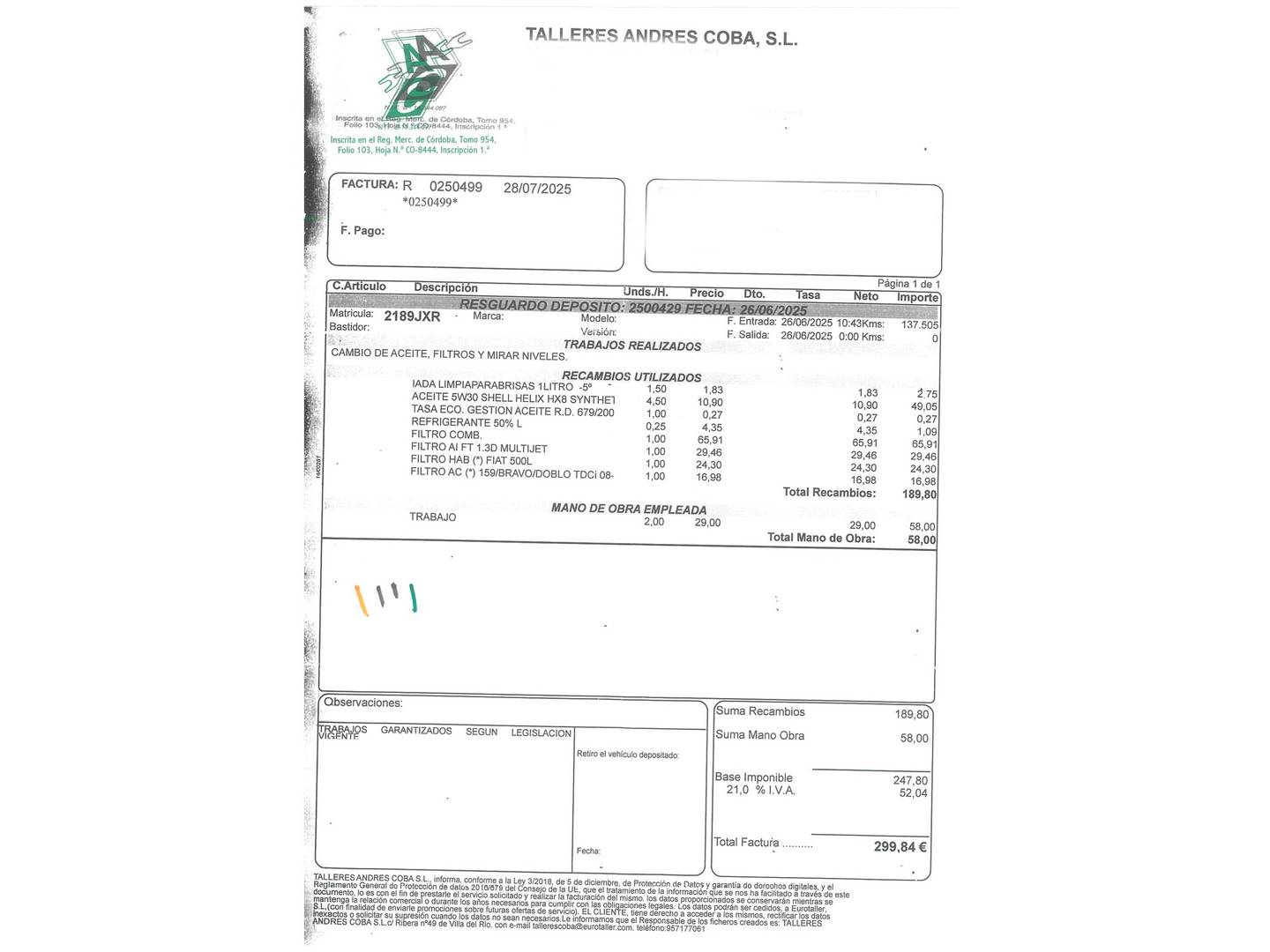 Foto del mantenimiento del Fiat 500L Fiat 500L 1.3 MultiJet II S&S Pop Star (95 CV)