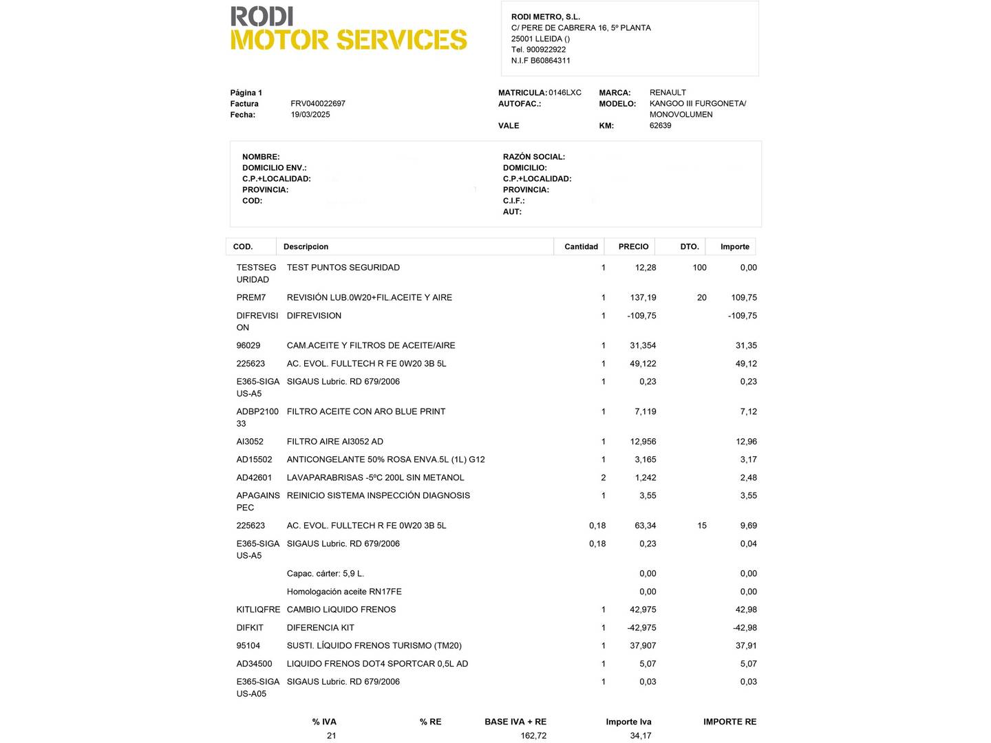 Foto del mantenimiento del Renault Kangoo Furgón Renault Kangoo Furgon Profesional Blue dCi (95 CV)