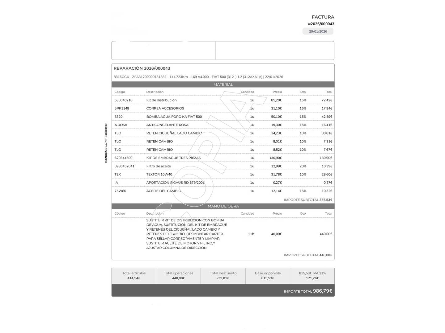 Foto del mantenimiento del Fiat 500 Fiat 500 1.2 8v Lounge (69 CV)