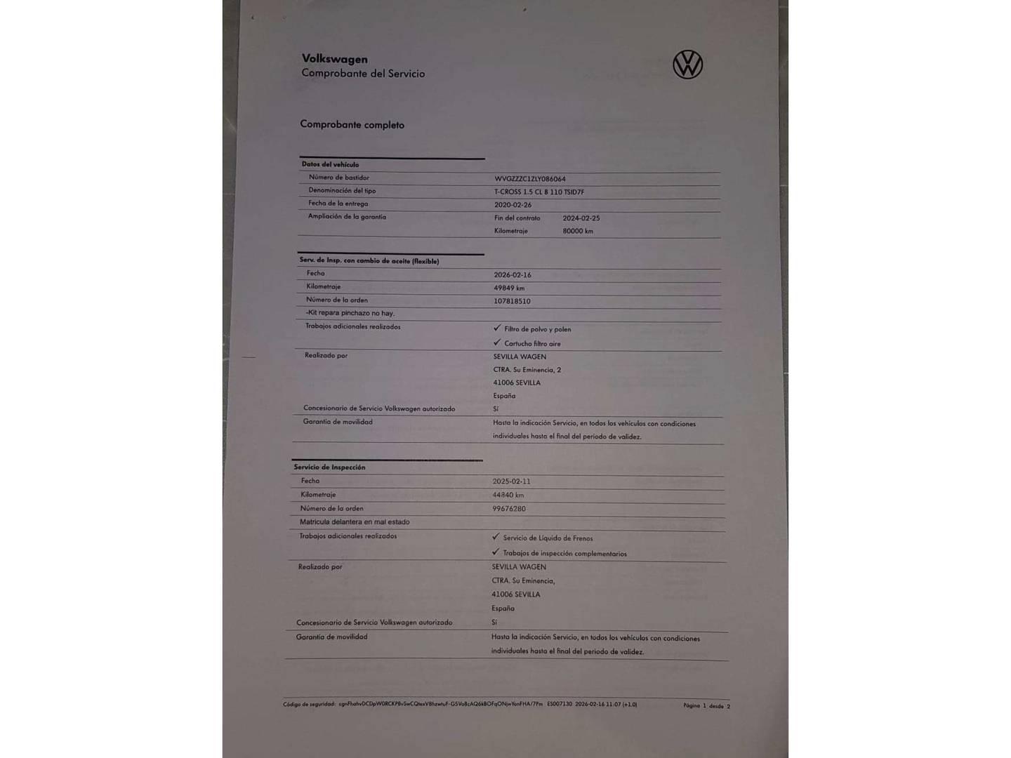 Foto del mantenimiento del Volkswagen T-Cross Volkswagen T-Cross Advance 1.5 TSI (150 CV) DSG