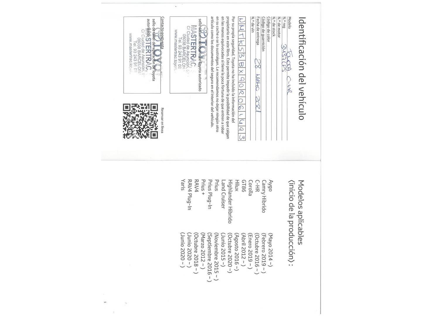 Foto del mantenimiento del Toyota C-HR Toyota C-HR 180H Advance (184 CV)