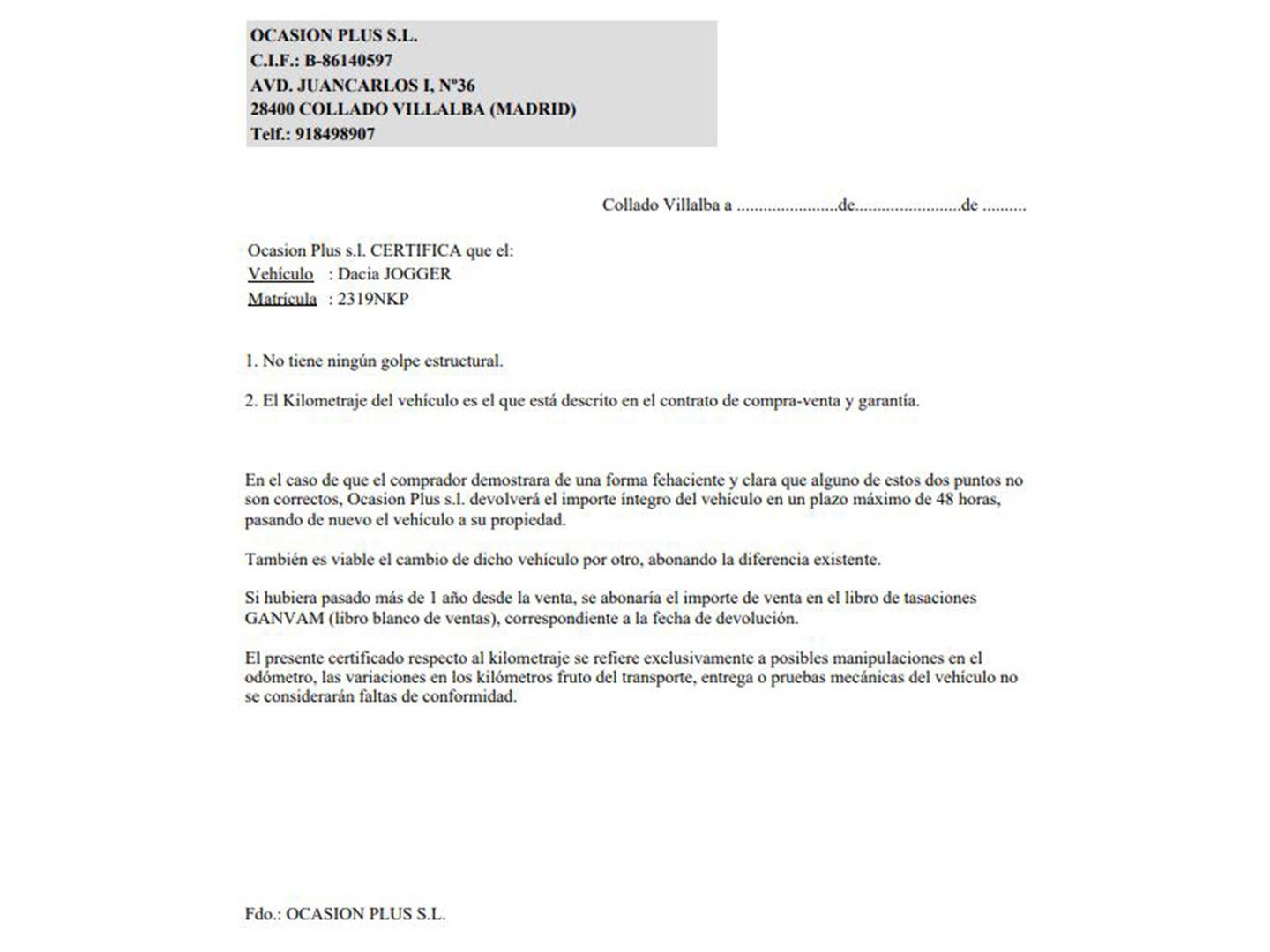 Foto del certificado del Dacia Jogger Dacia Jogger Extreme Hybrid (155 CV) 7 plazas