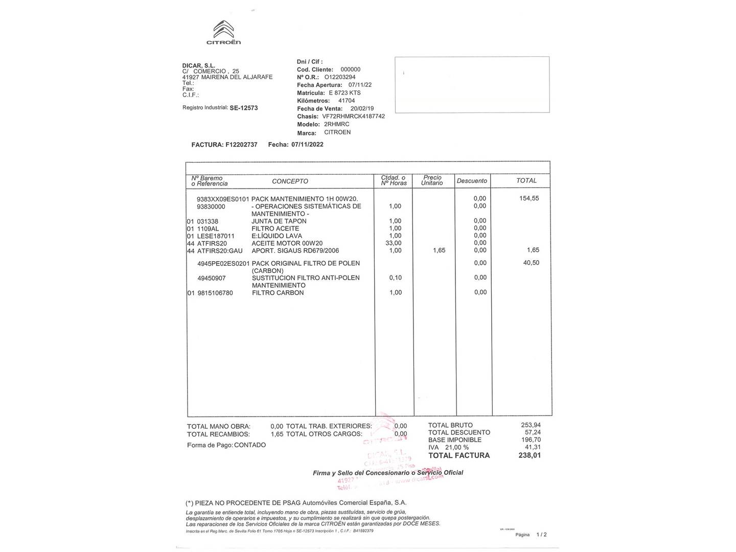 Foto del mantenimiento del Citroën C3 Aircross Citroën C3 Aircross PureTech 82 Feel (82 CV)