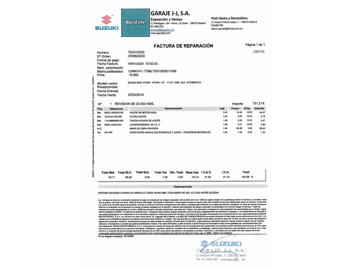Foto del mantenimiento del Suzuki Vitara Suzuki Vitara 1.0 T GLE 82 kW (111 CV)