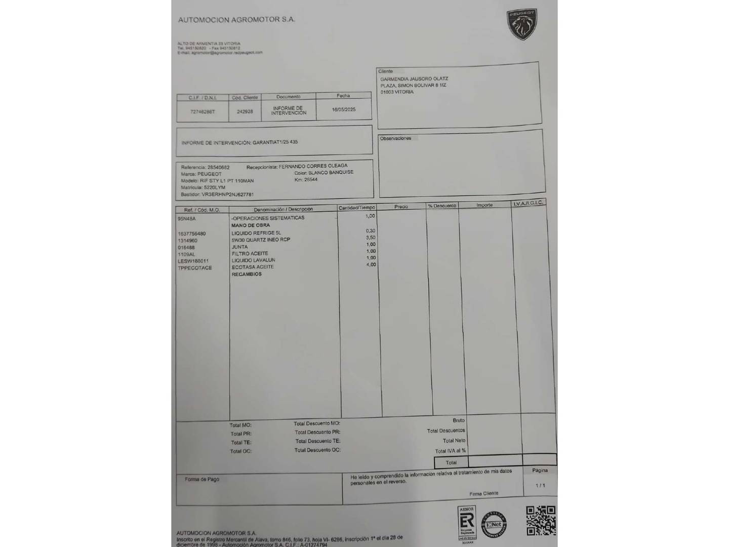 Foto del mantenimiento del Peugeot Rifter Peugeot Rifter Style Standard PureTech (110 CV)