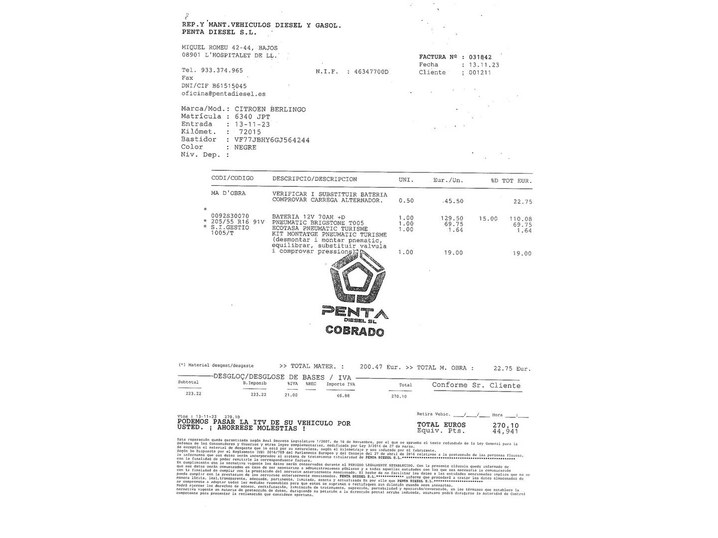 Foto del mantenimiento del Citroën Berlingo Citroën Berlingo Combi BlueHDi 100 Multispace XTR Plus (100 CV)