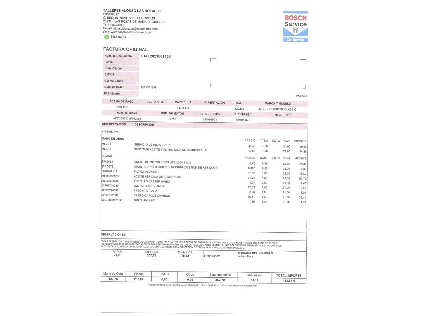 Foto del mantenimiento del Mercedes Clase C Mercedes Clase C Coupe 250 CDI Blue Efficiency (204 CV)