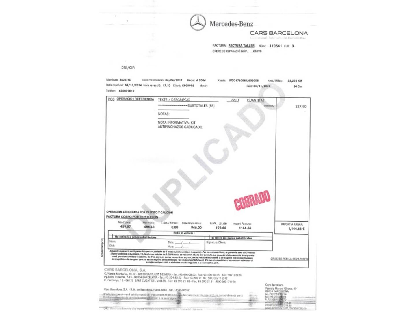 Foto del mantenimiento del Mercedes Clase A Mercedes-Benz Clase A 200 d (136 CV)