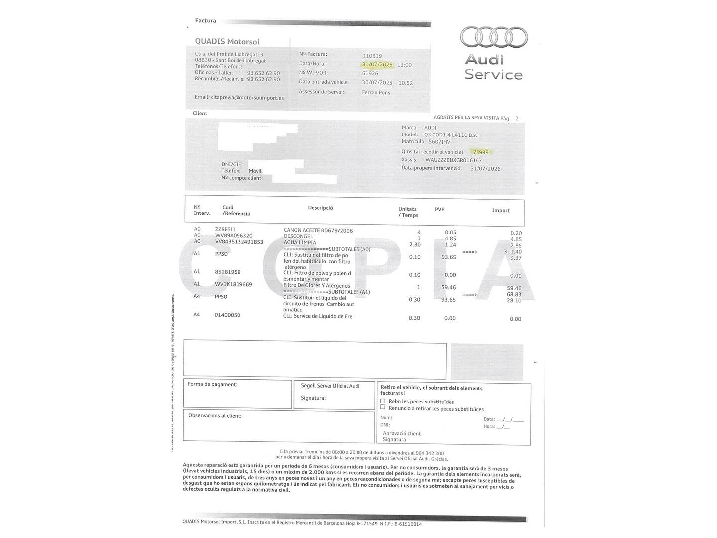 Foto del mantenimiento del Audi Q3 Audi Q3 Design Edition 1.4 TFSI CoD (150 CV) S tronic