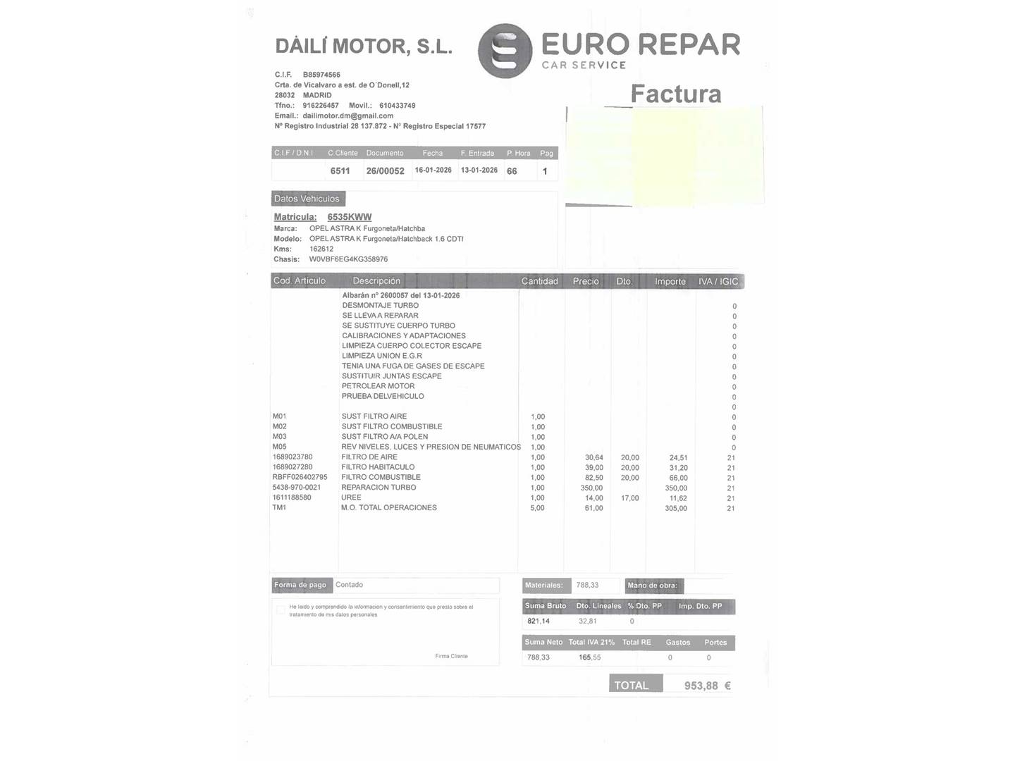 Foto del mantenimiento del Opel Astra Opel Astra 1.6 CDTi S&S Dynamic (136 CV)