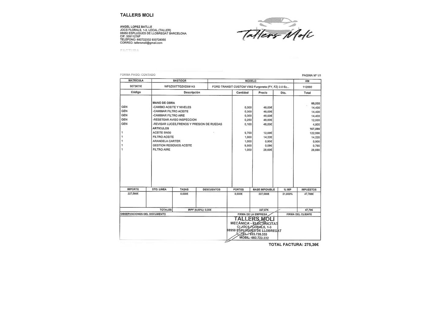 Foto del mantenimiento del Ford Transit Custom Ford Transit Custom 2.0 TDCI Furgon Doble 300 L1 Trend (105 CV)