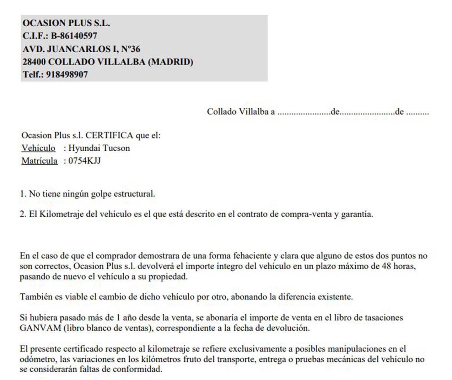 Foto del certificado del Hyundai Tucson Hyundai Tucson 1.6 TGDI BlueDrive Go! Sky DCT 4x2 (176 CV)