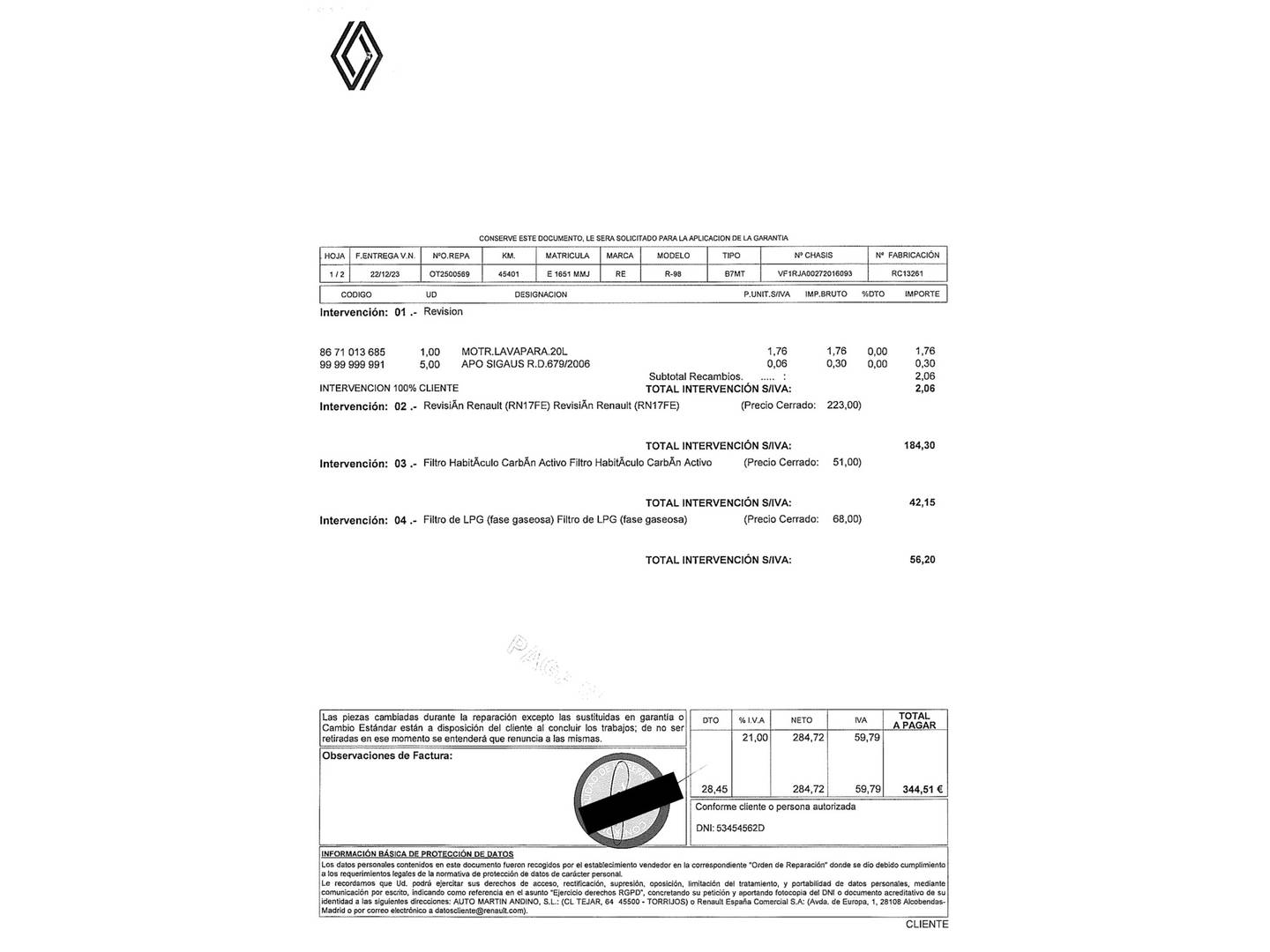 Foto del mantenimiento del Renault Clio Renault Clio Equilibre TCe (100 CV) GLP