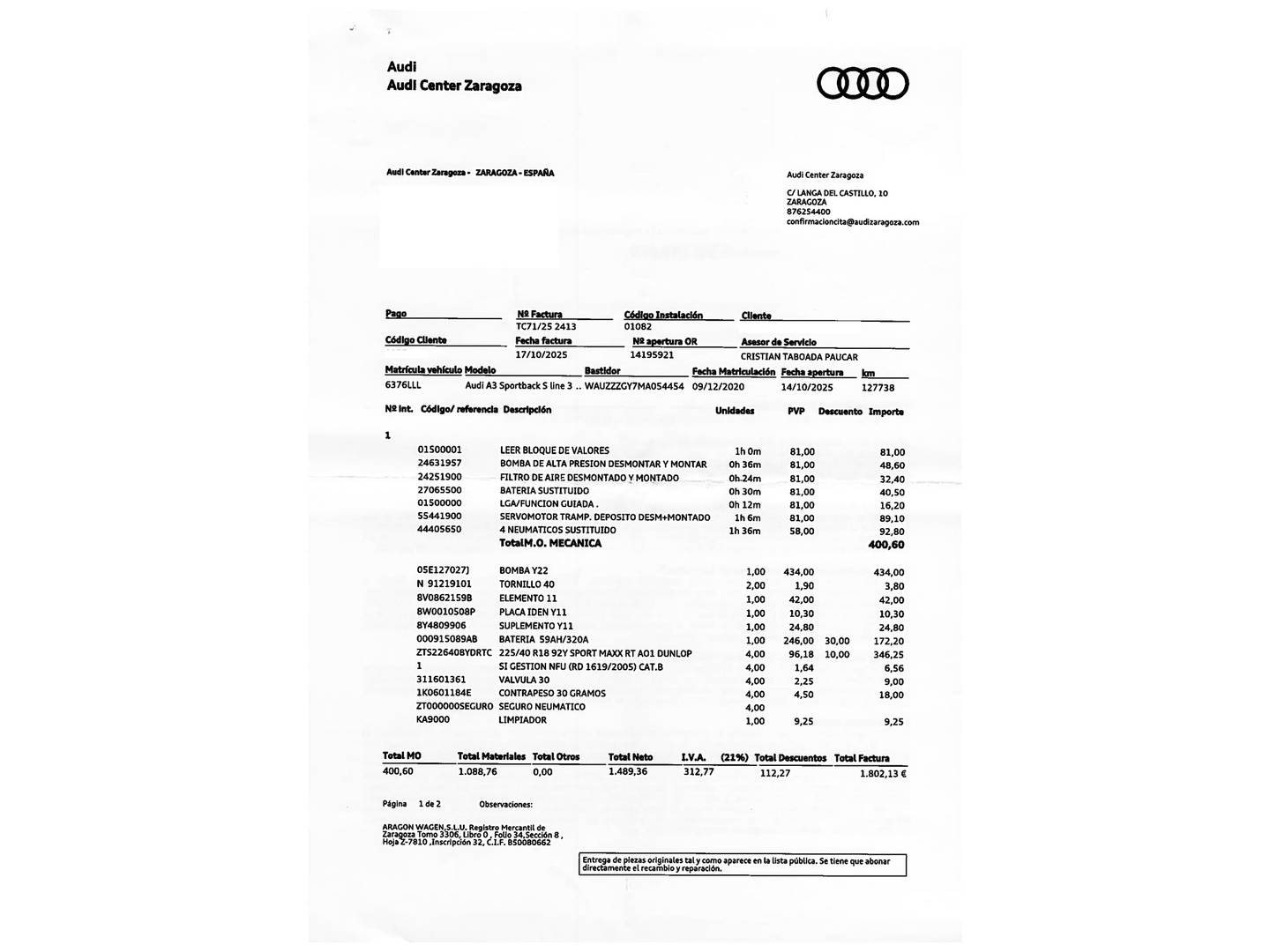 Foto del mantenimiento del Audi A3 Audi A3 Sportback Genuine edition 35 TFSI (150 CV) Pack S-Line