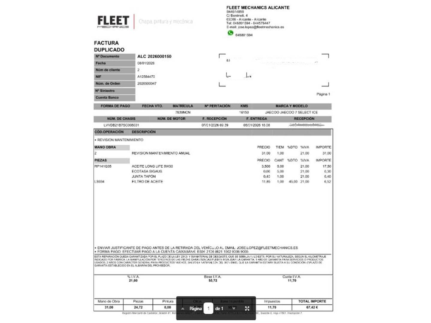 Foto del mantenimiento del JAECOO 7 JAECOO 7 1.6 TGDI Select FWD (145 CV)