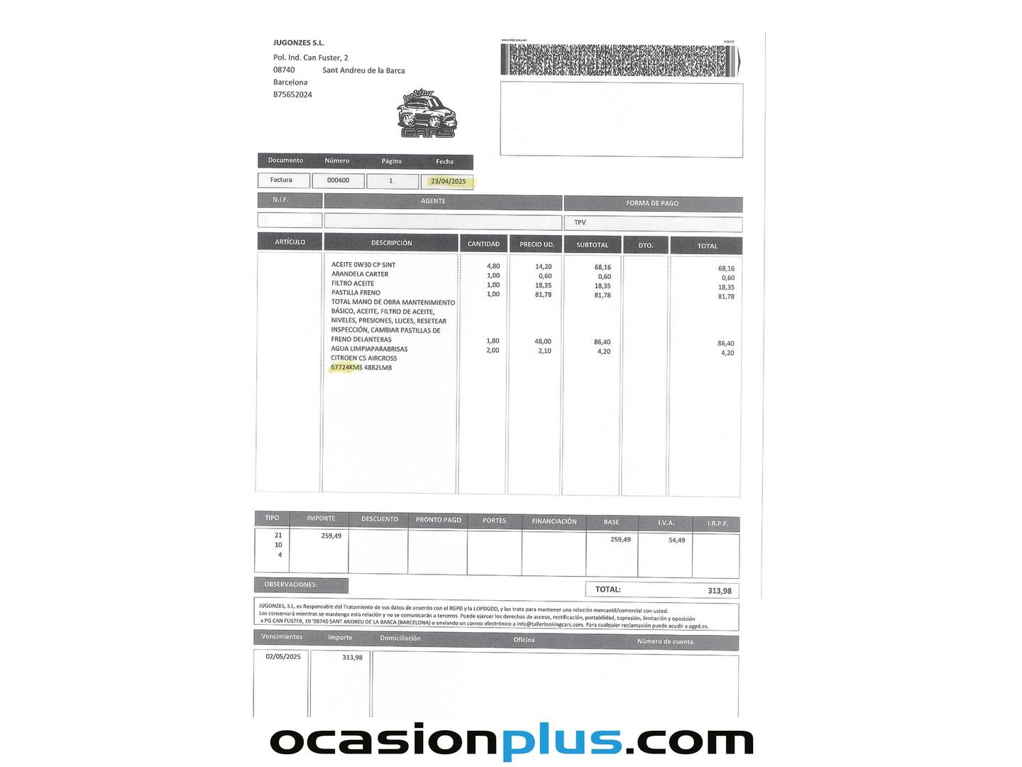 Foto del mantenimiento del Citroën C5 Aircross Citroën C5 Aircross BlueHdi 130 S&S Shine EAT8 (131 CV)