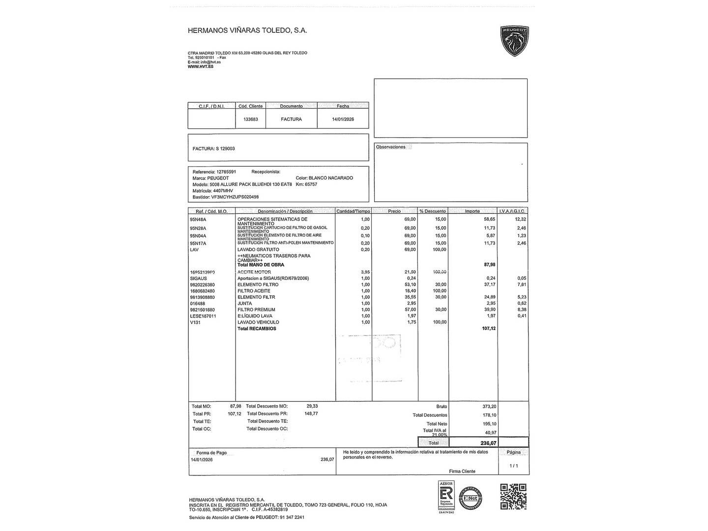 Foto del mantenimiento del Peugeot 5008 Peugeot 5008 BlueHDI 130 S&S Allure Pack EAT8 (130 CV) 7 Plazas