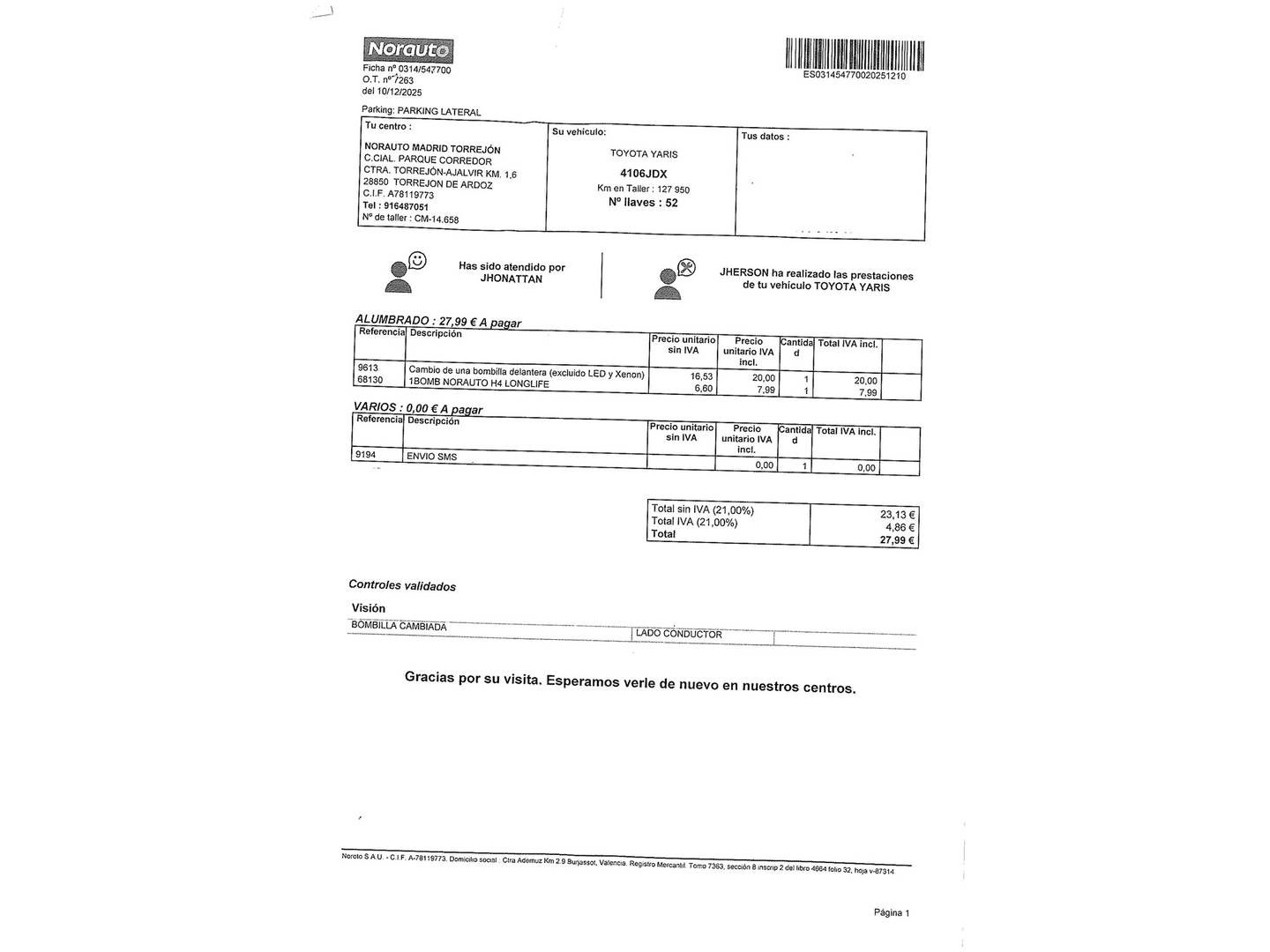 Foto del mantenimiento del Toyota Yaris Toyota Yaris 90D Active (90 CV)