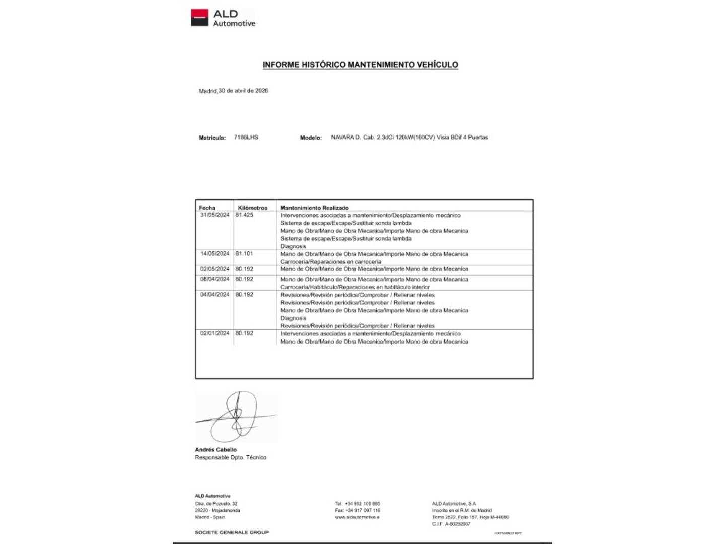 Foto del mantenimiento del Nissan Navara Nissan Navara PickUp 2.3 dCi Doble Cabina Visia BDif  (163 CV)