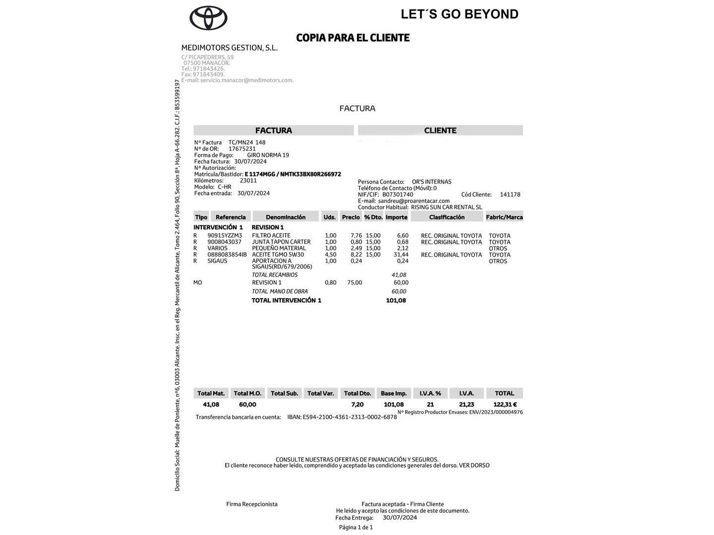 Foto del mantenimiento del Toyota C-HR Toyota C-HR 1.8 125H Advance (122 CV)