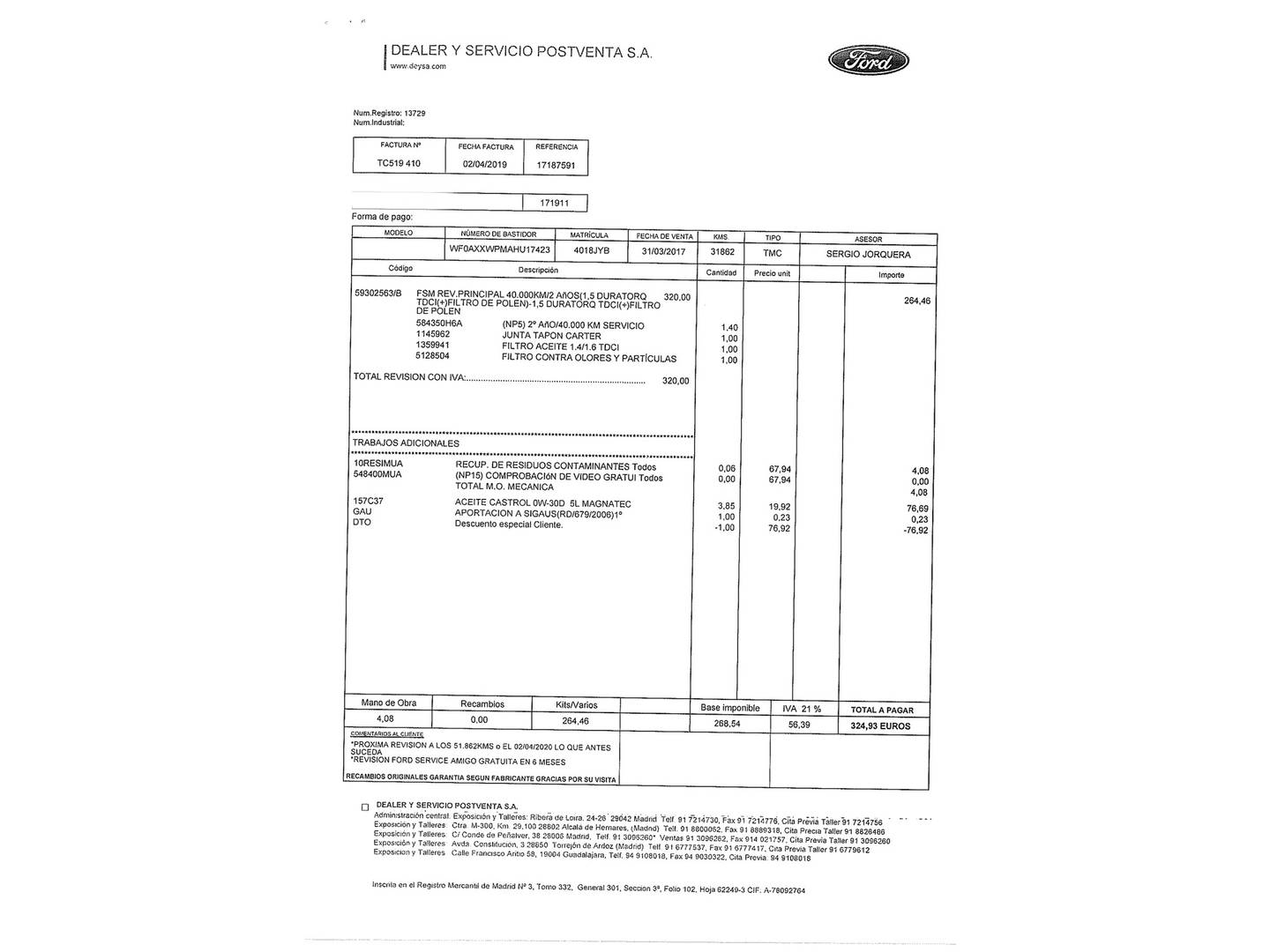 Foto del mantenimiento del Ford Kuga Ford Kuga 1.5 TDCI S&S Titanium 4x2 (120 CV)