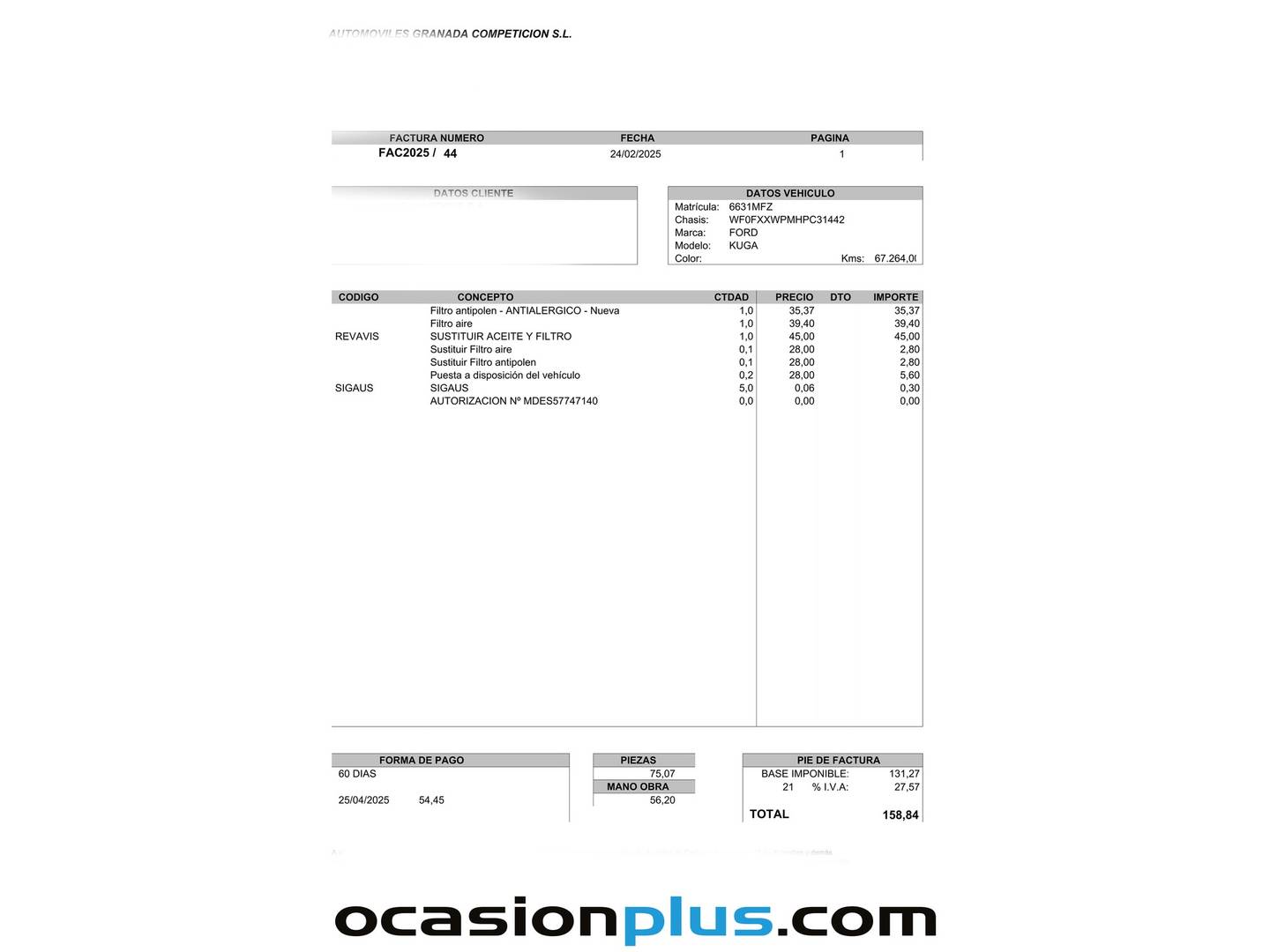 Foto del mantenimiento del Ford Kuga Ford Kuga 2.5 Duratec PHEV ST-Line Auto (225 CV)