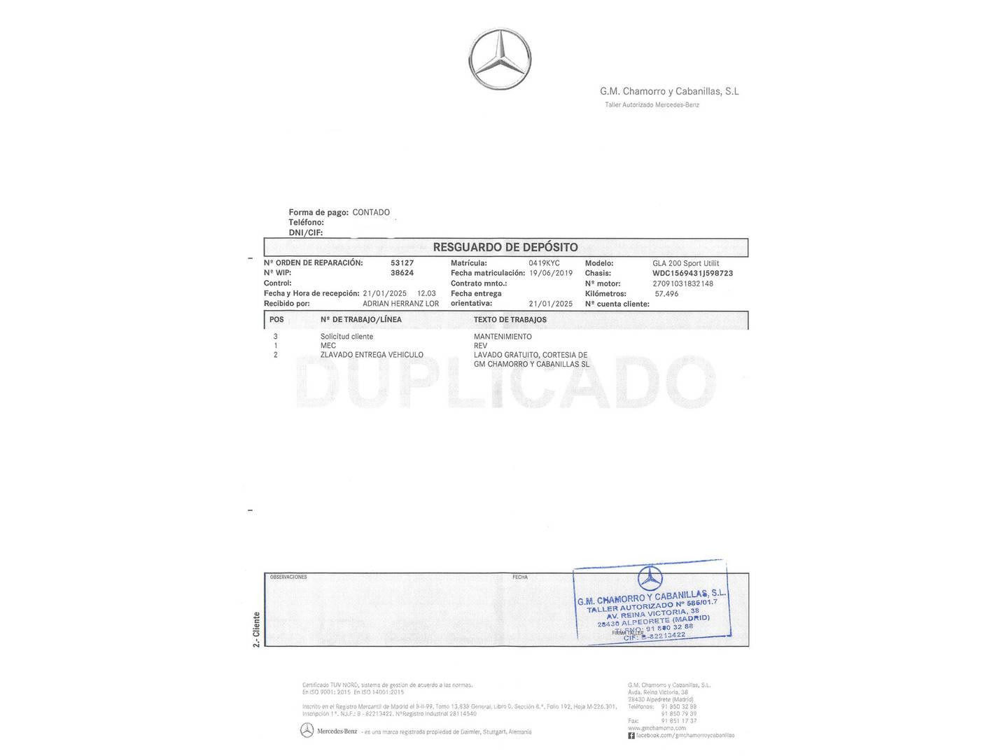 Foto del mantenimiento del Mercedes GLA Mercedes-Benz GLA GLA 200 (156 CV)