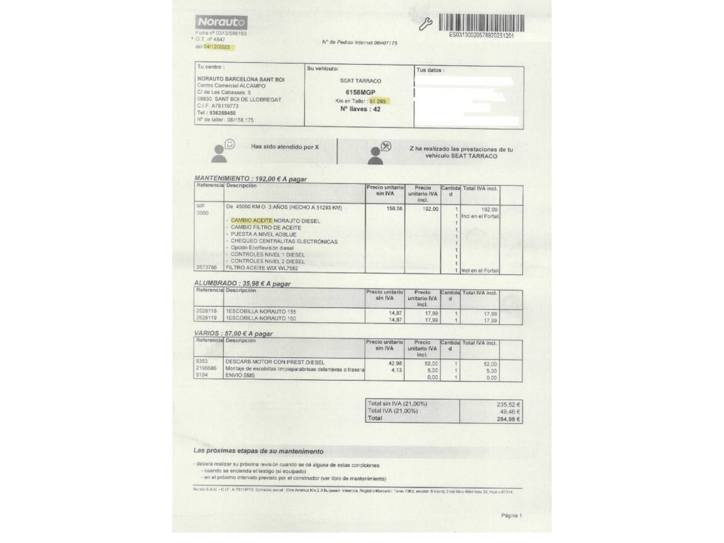 Foto del mantenimiento del Seat Tarraco Seat Tarraco 2.0 TDI S&S FR XL DSG (150 CV) 7 Plazas