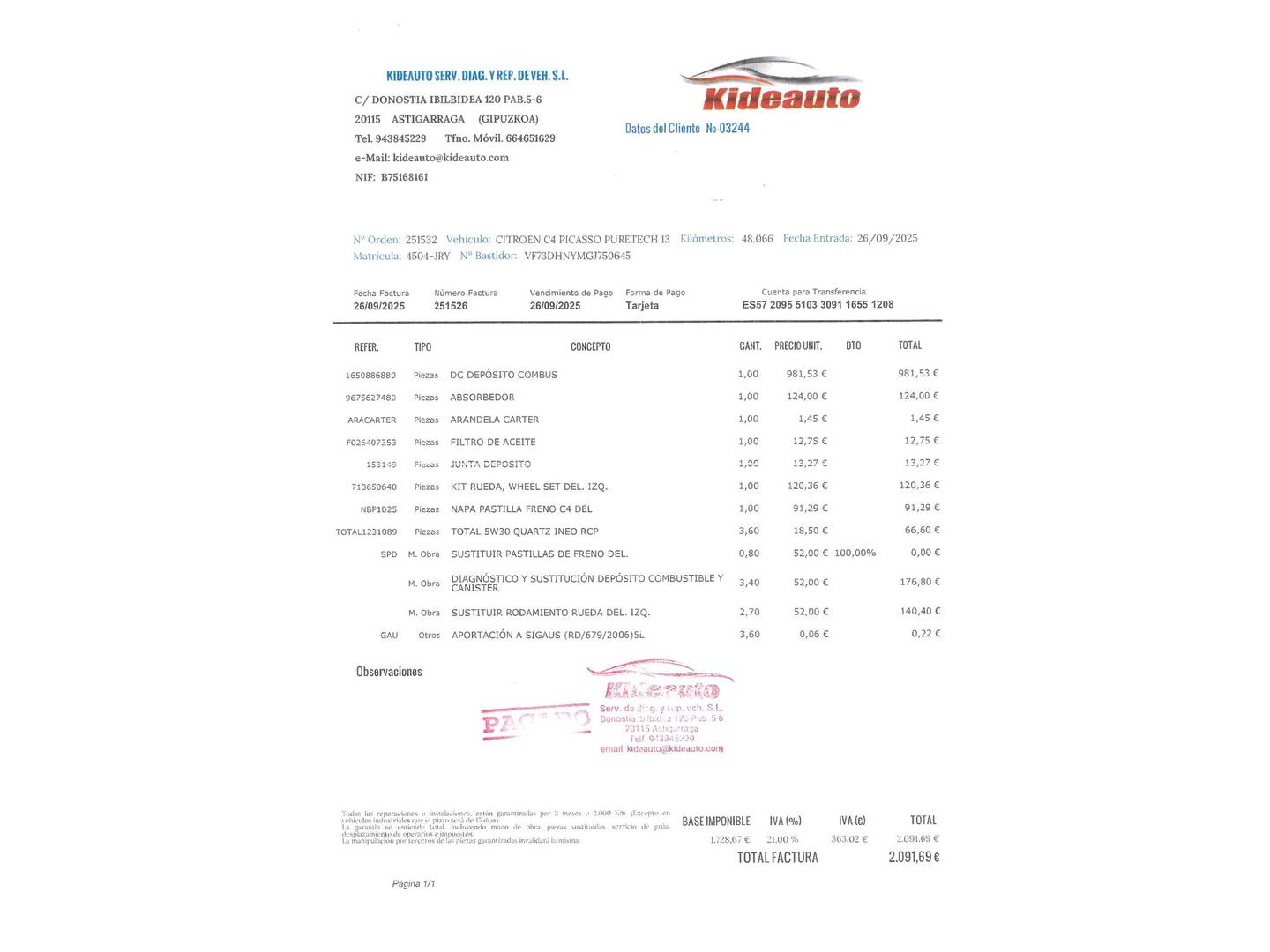 Foto del mantenimiento del Citroën C4 Picasso Citroën C4 Picasso PureTech 130 S&S Seduction (130 CV)