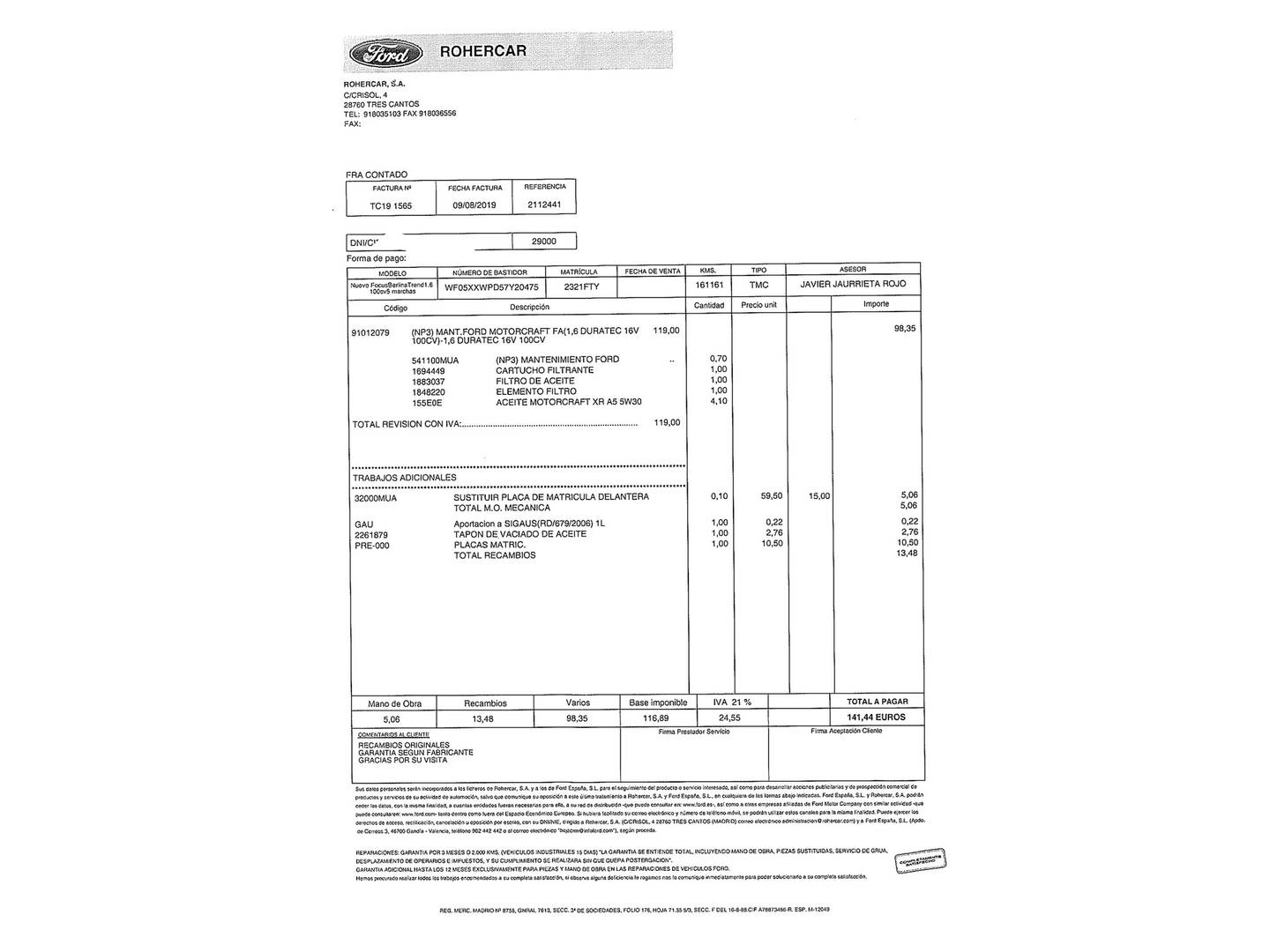Foto del mantenimiento del Ford Focus Ford Focus 1.6 Trend (100 CV)